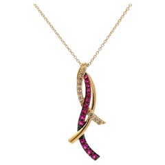 Vintage Le Vian Designer Ruby and Diamond Gold Drop Pendant Necklace