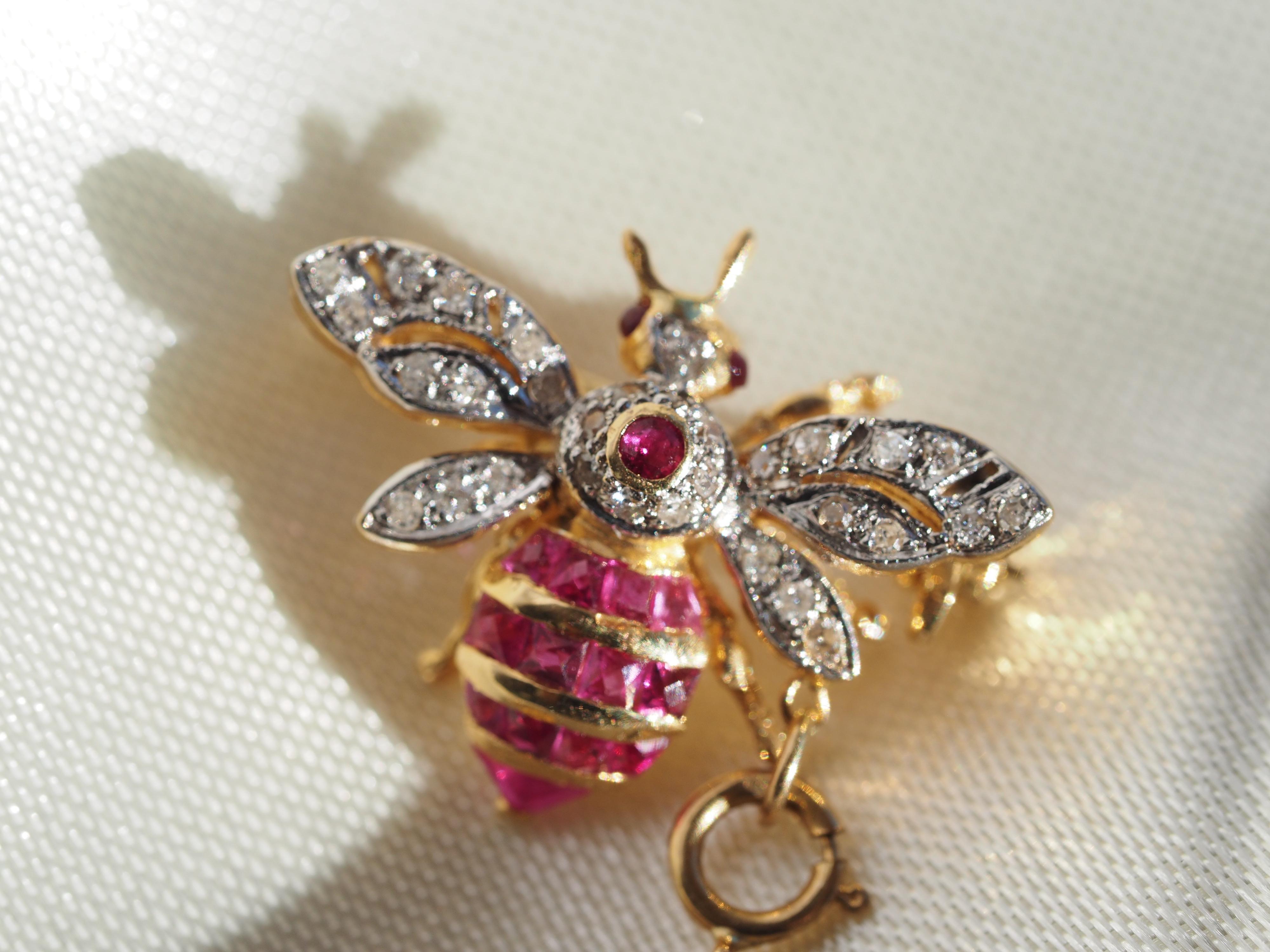 Art Deco Vintage Le Vian Ruby and Diamond Bumble Bee Collar Pin/ Brooch in 18 Karat Gold 