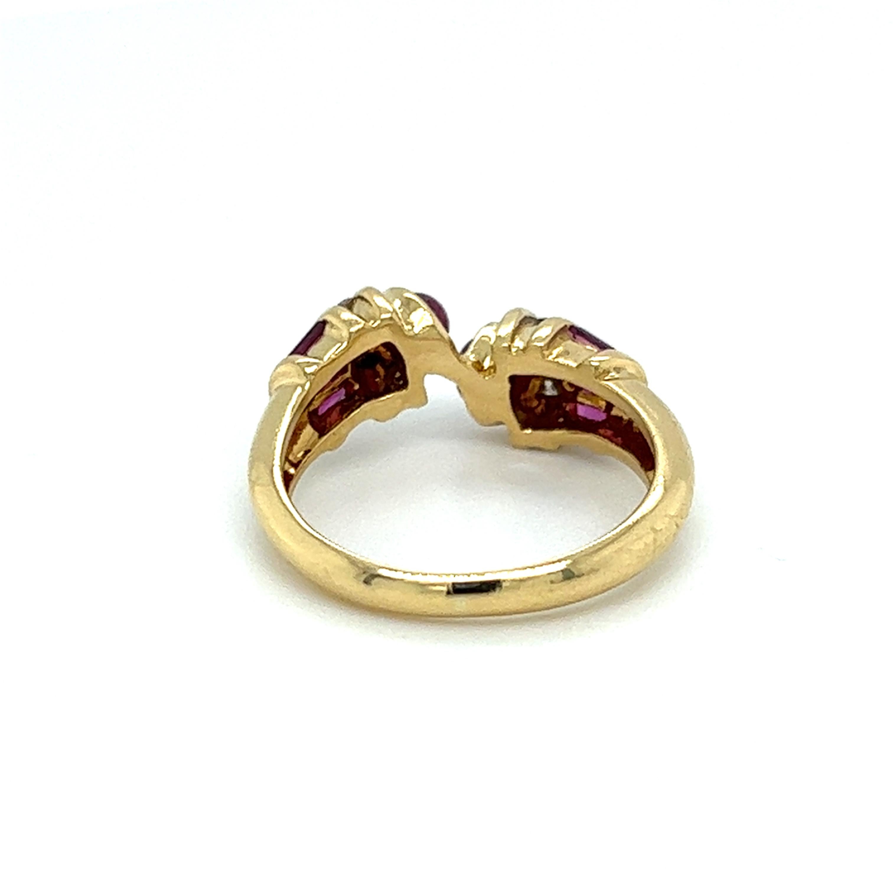 Contemporary Vintage Le Vian Ruby & Diamond Bypass Design Ring in 18K Yellow Gold  For Sale
