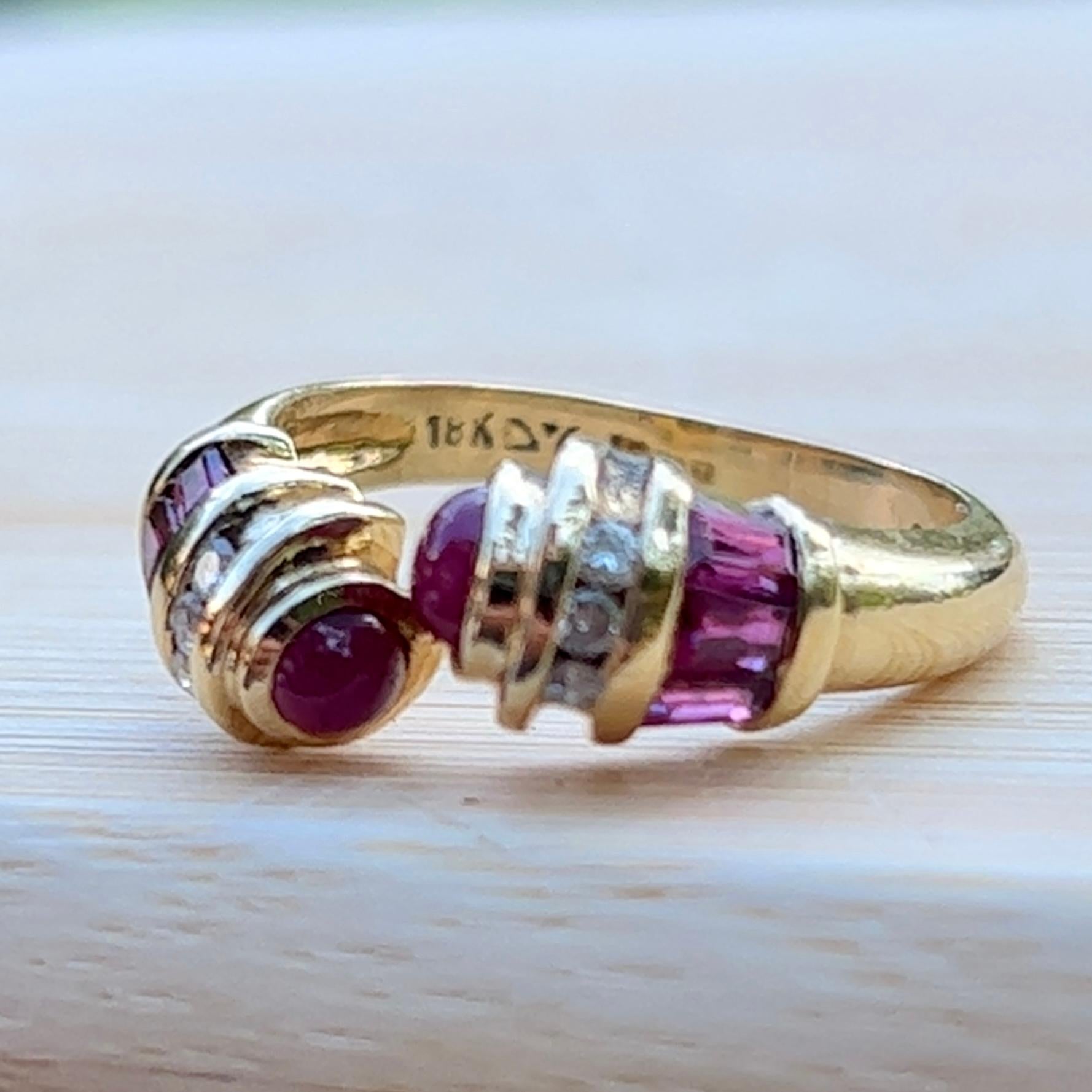 Vintage Le Vian Ruby & Diamond Bypass Design Ring in 18K Yellow Gold  For Sale 1
