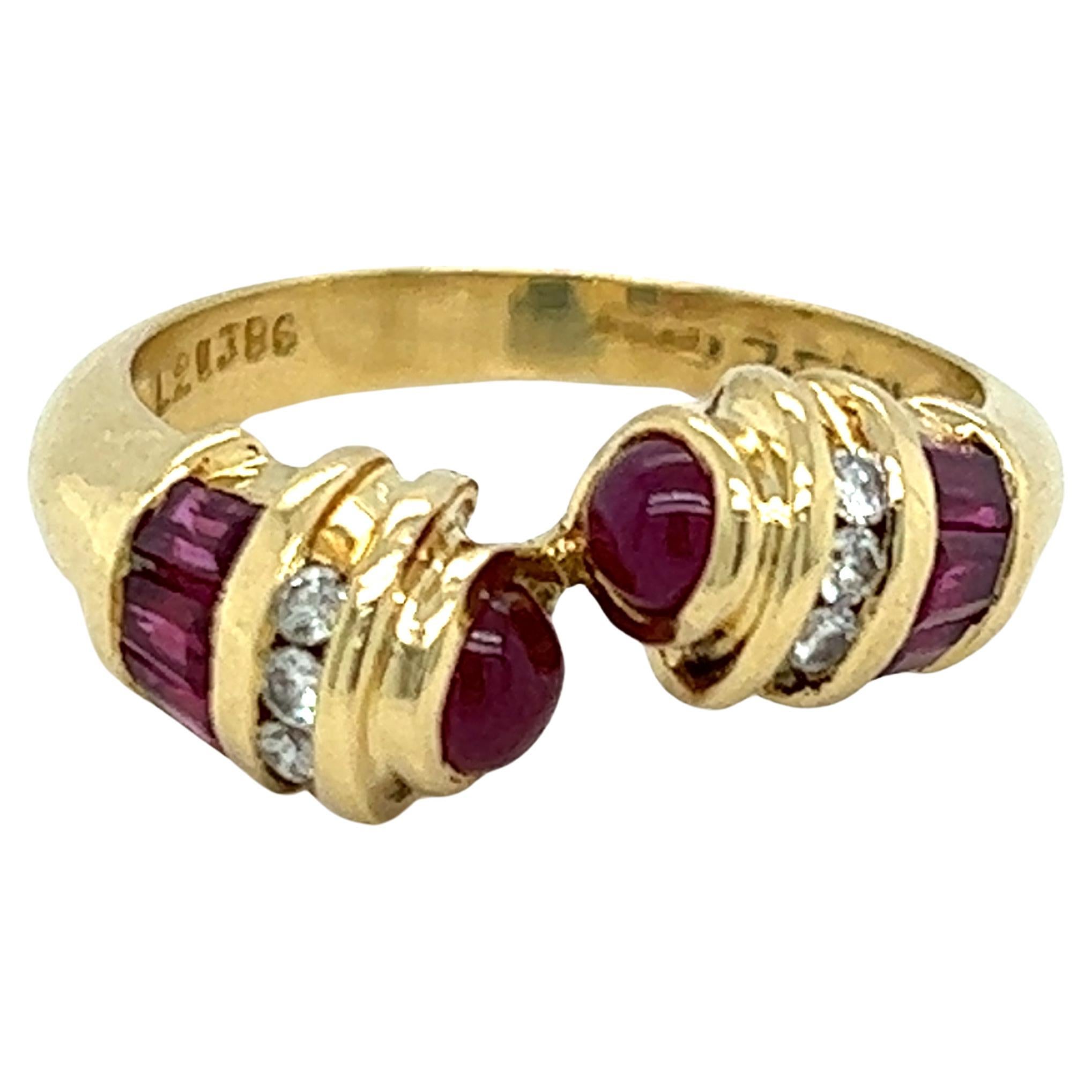Vintage Le Vian Ruby & Diamond Bypass Design Ring in 18K Yellow Gold  For Sale