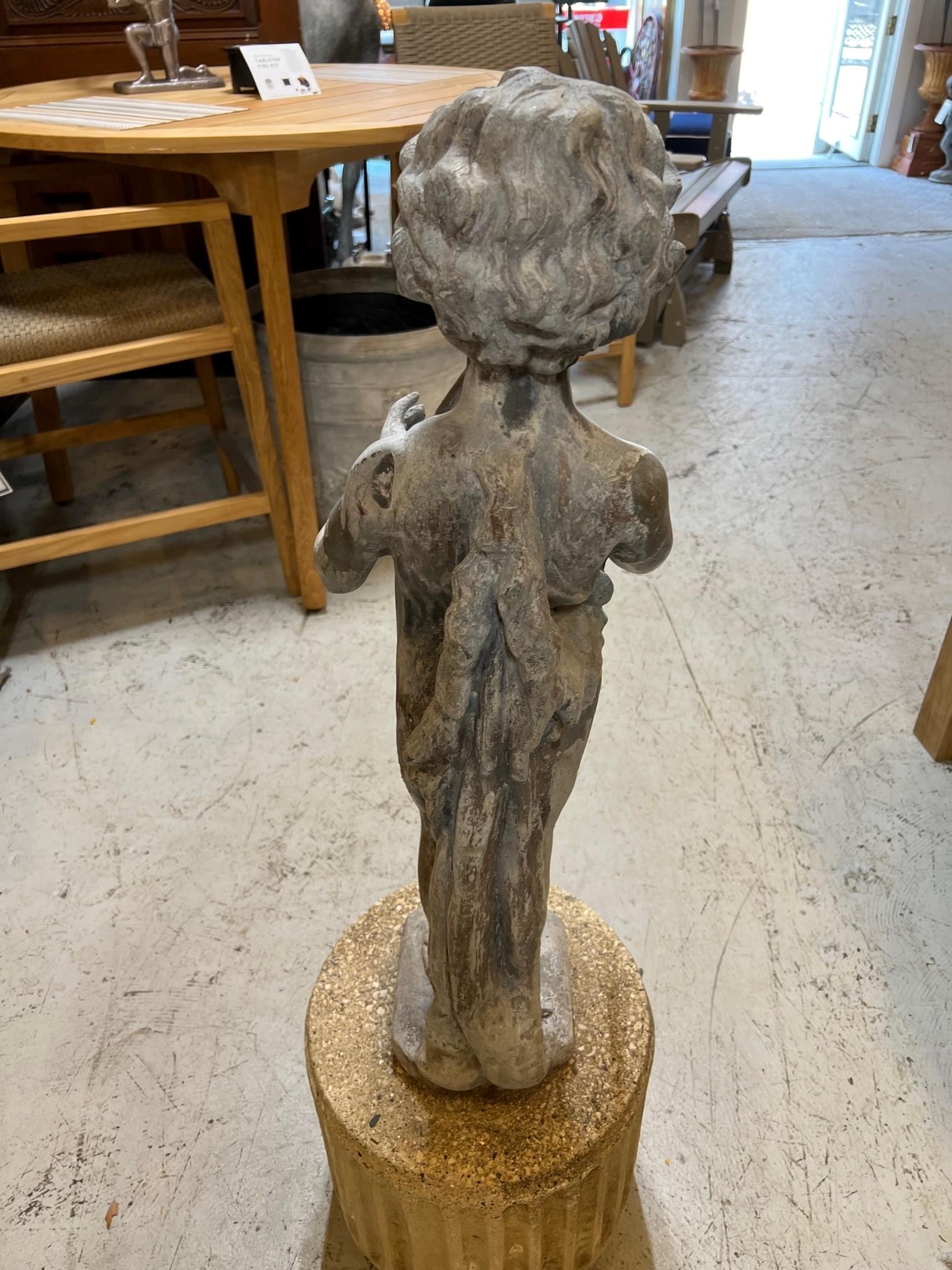 Vintage Lead Figural Statue of Musical Pan with Flutes on a Stone Pedestal 3