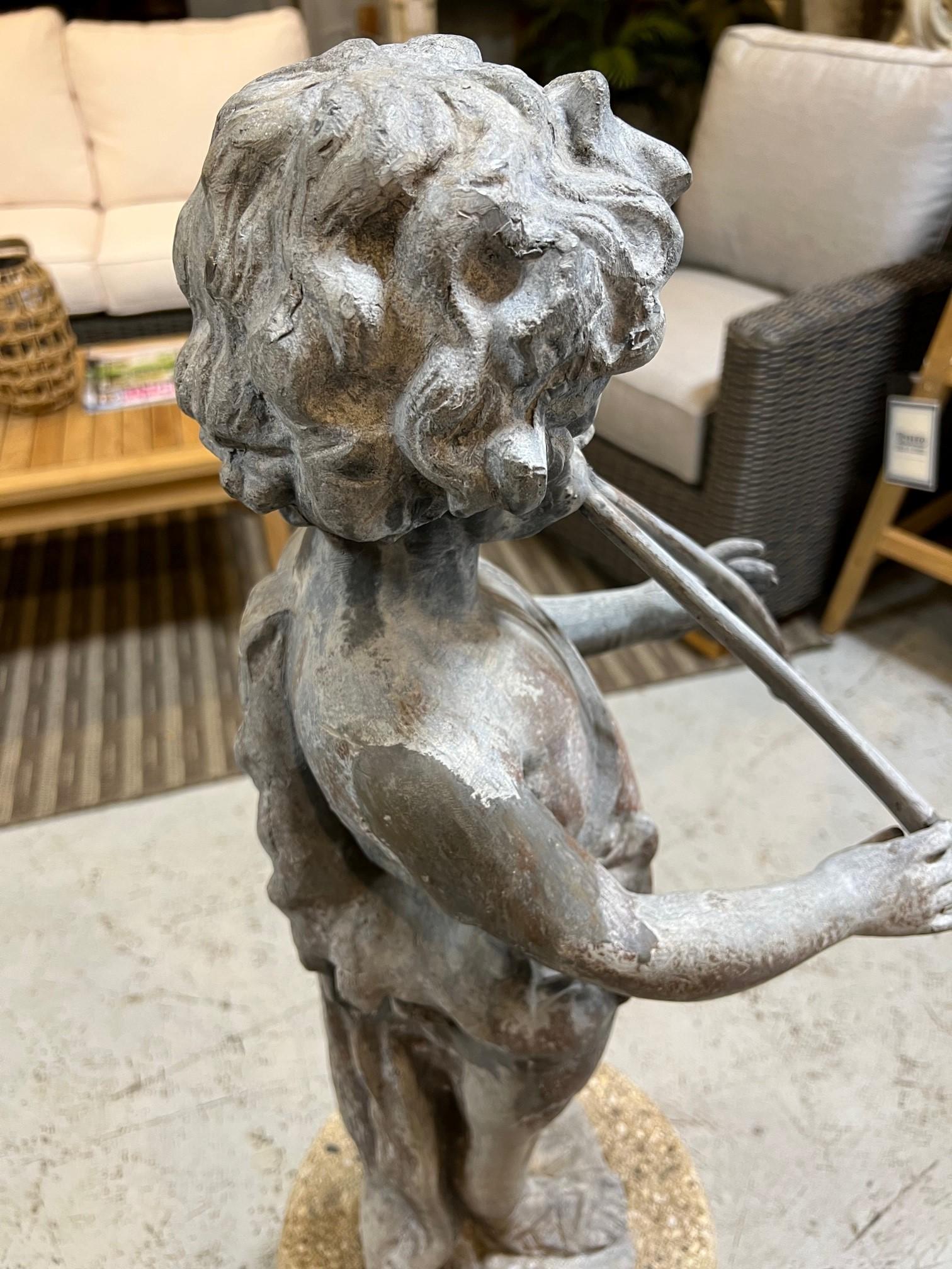 Vintage Lead Figural Statue of Musical Pan with Flutes on a Stone Pedestal 6