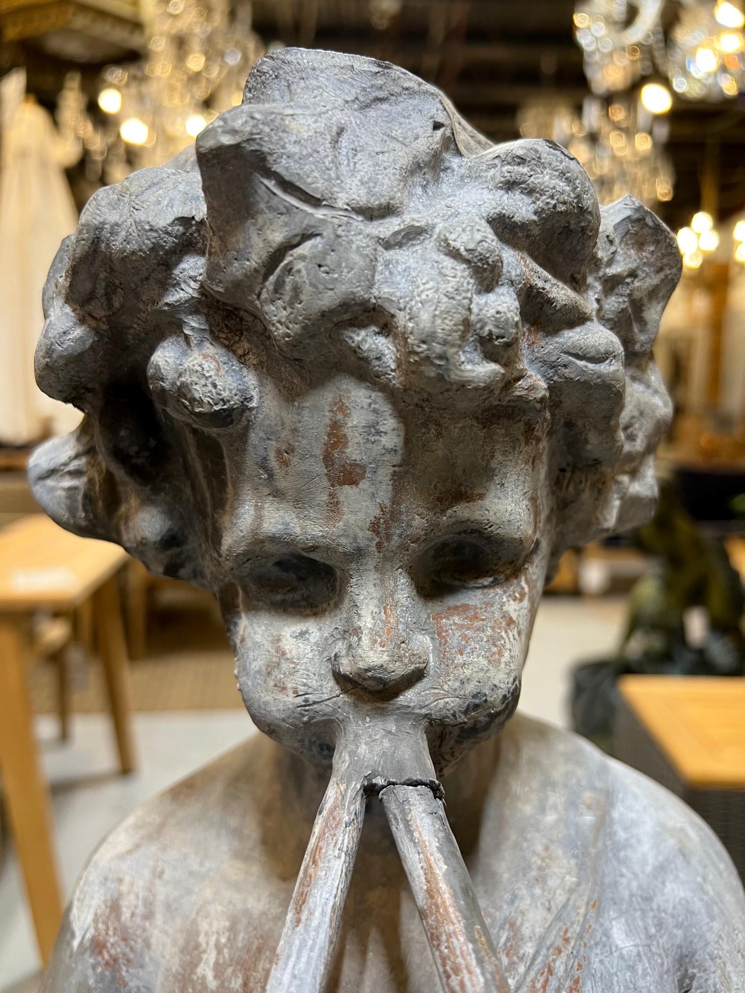 Vintage Lead Figural Statue of Musical Pan with Flutes on a Stone Pedestal 7