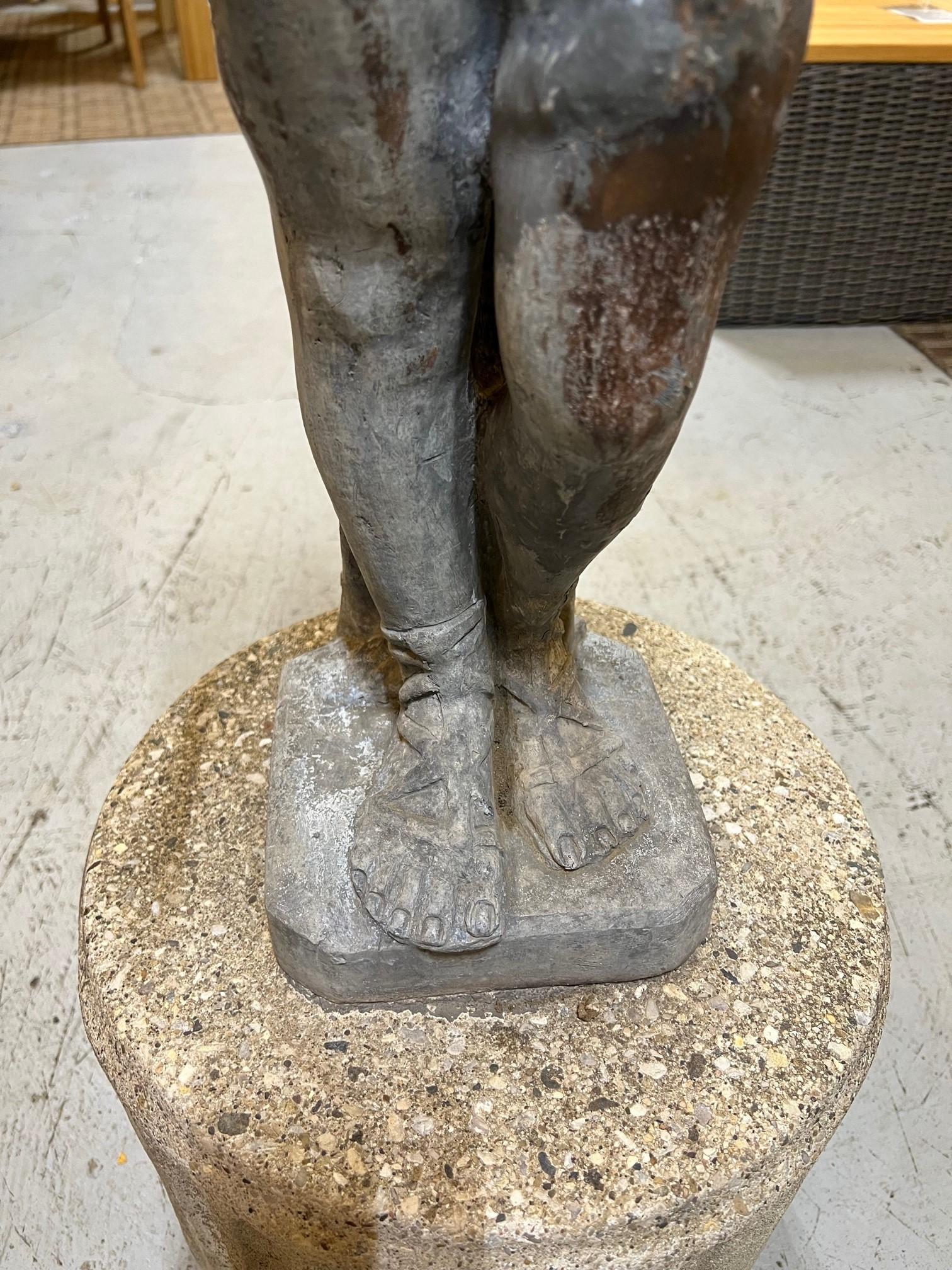 Cast Vintage Lead Figural Statue of Musical Pan with Flutes on a Stone Pedestal