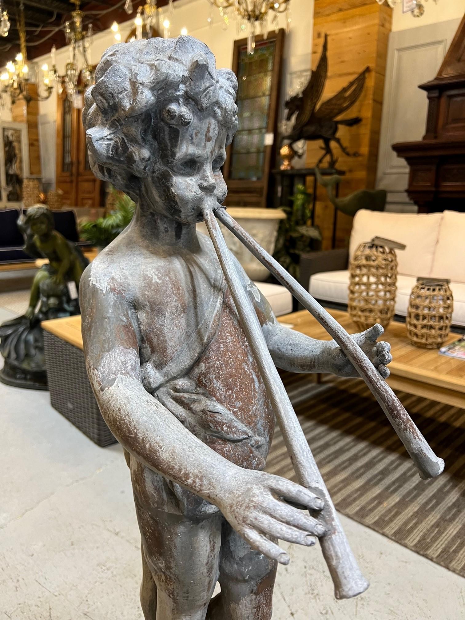 20th Century Vintage Lead Figural Statue of Musical Pan with Flutes on a Stone Pedestal