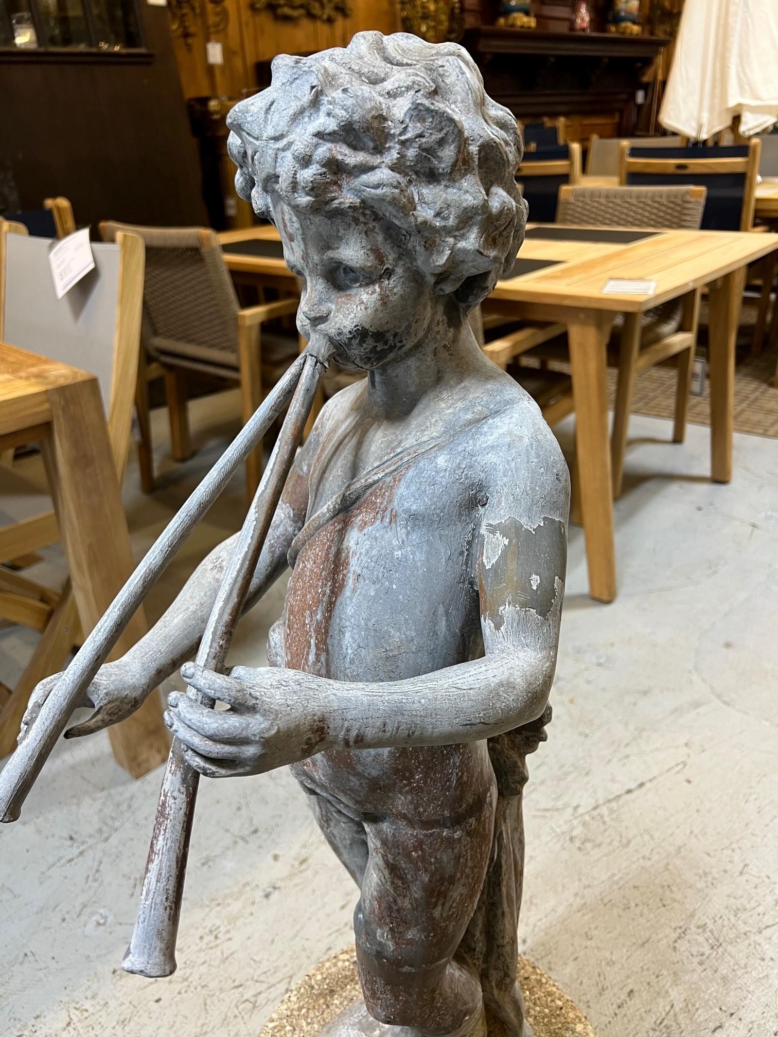 Vintage Lead Figural Statue of Musical Pan with Flutes on a Stone Pedestal 1