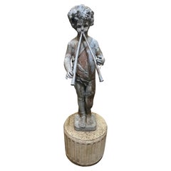 Vintage Lead Figural Statue of Musical Pan with Flutes on a Stone Pedestal