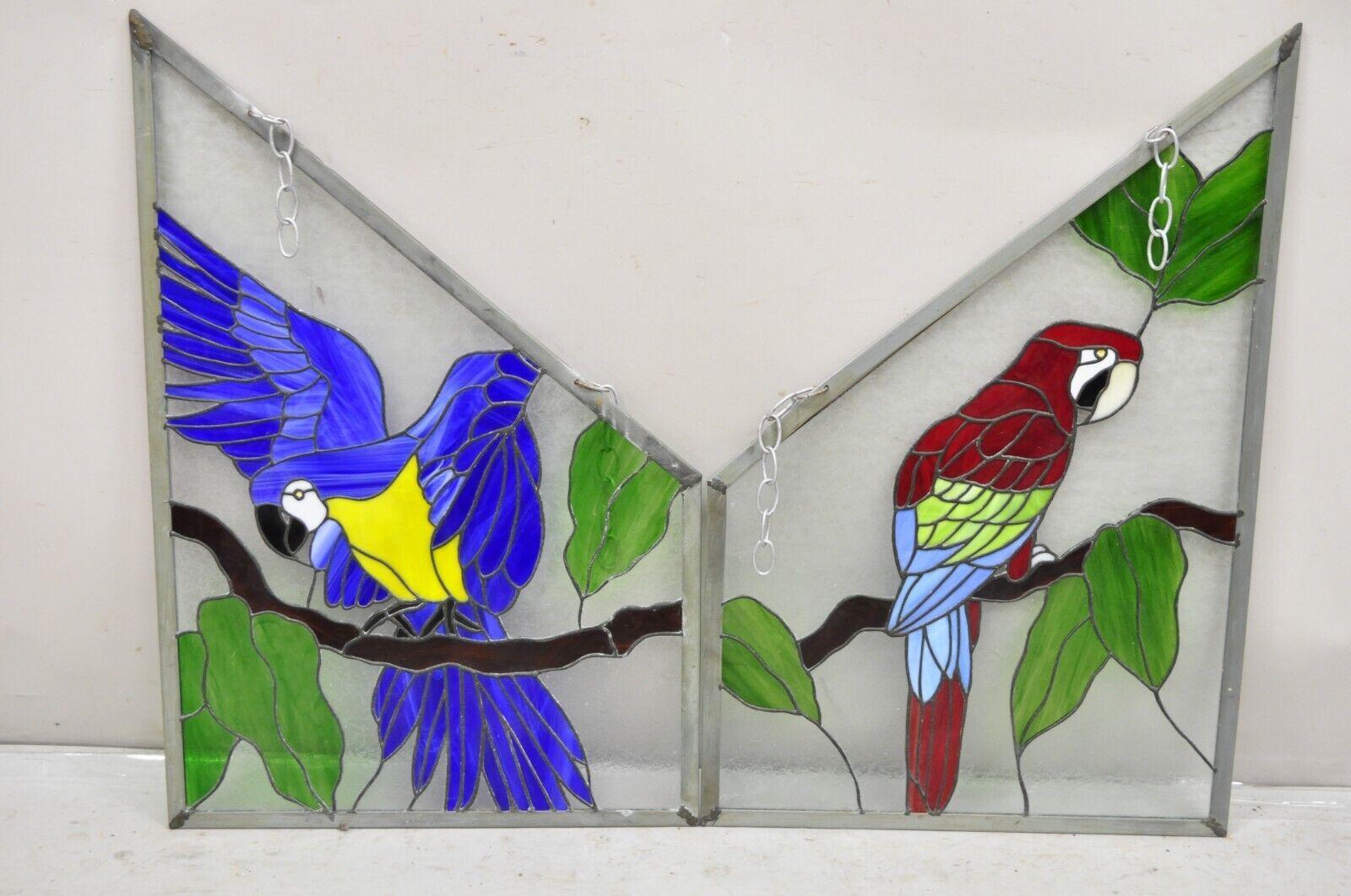 Vintage Leaded Stained Glass Red and Blue Parrot Bird Window Suncatcher - a Pair For Sale 5