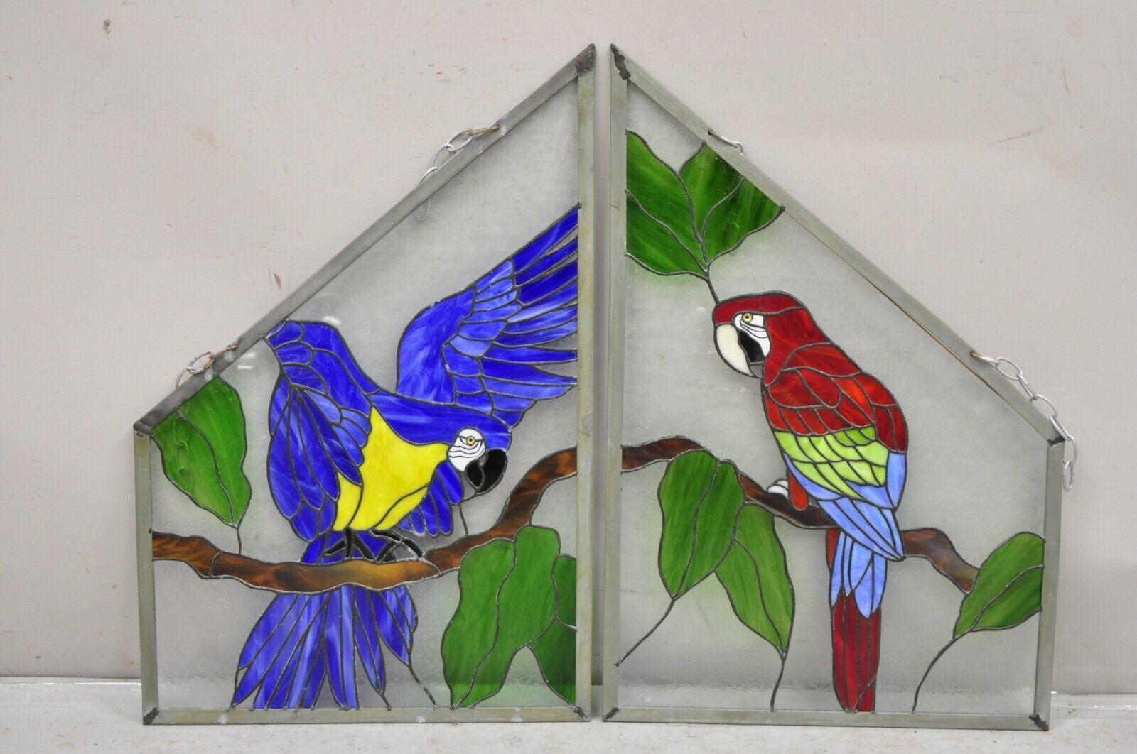 Vintage Leaded Stained Glass Red and Blue Parrot Bird Window Suncatchers - a Pair. Circa Late 20th Century. Measurements: Each: 33