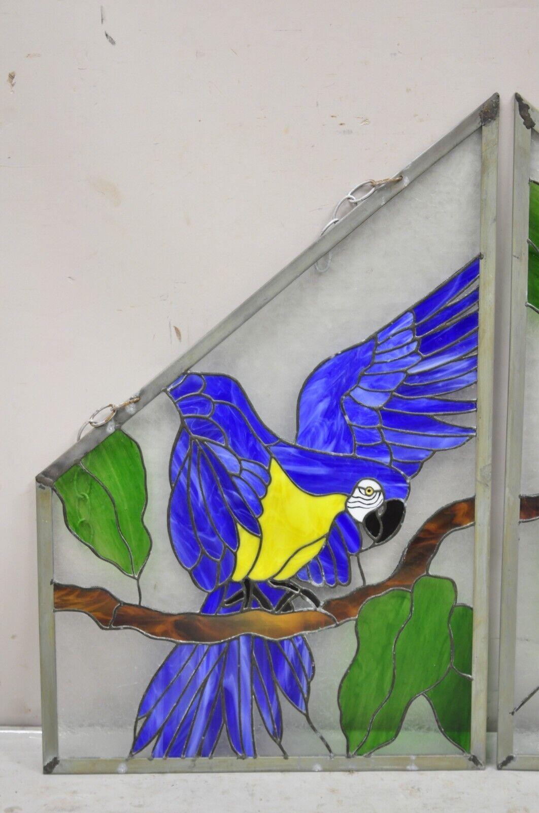 Art Deco Vintage Leaded Stained Glass Red and Blue Parrot Bird Window Suncatcher - a Pair For Sale
