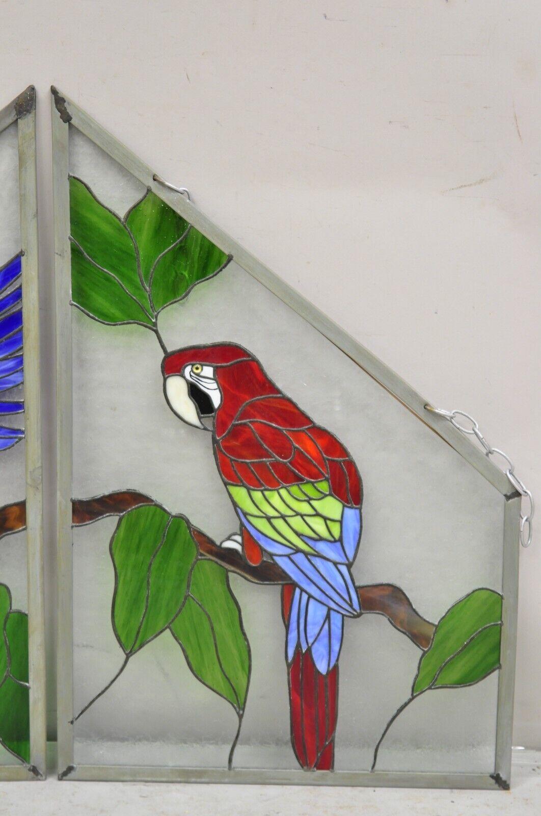Vintage Leaded Stained Glass Red and Blue Parrot Bird Window Suncatcher - a Pair In Good Condition For Sale In Philadelphia, PA