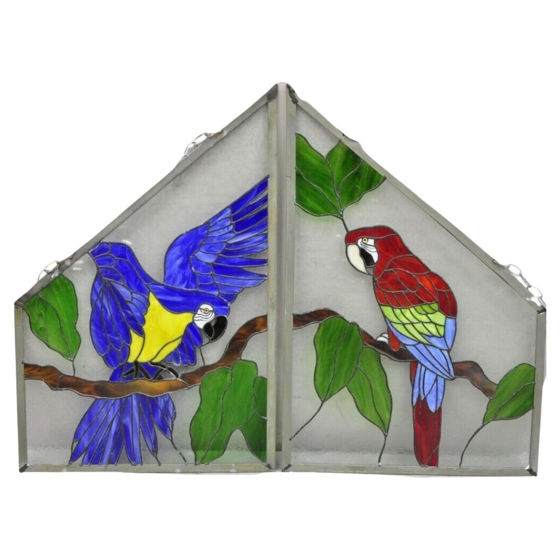Vintage Leaded Stained Glass Red and Blue Parrot Bird Window Suncatcher - a Pair