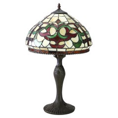 Vintage Leaded Stained Glass Table Lamp With Jewels Mid 20thC