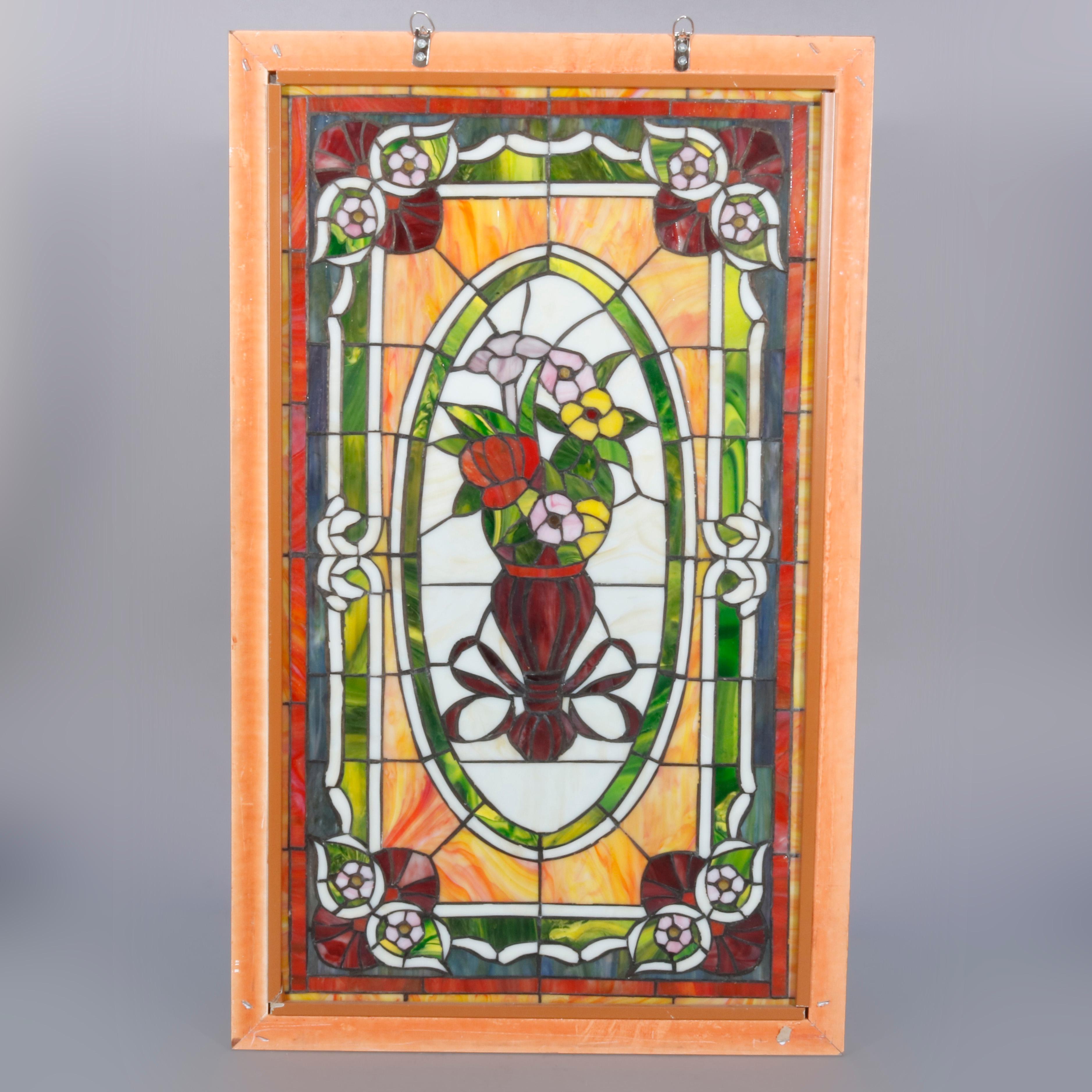 Arts and Crafts Vintage Leaded Stained & Slag Glass Window, Floral Bouquet, 20th Century