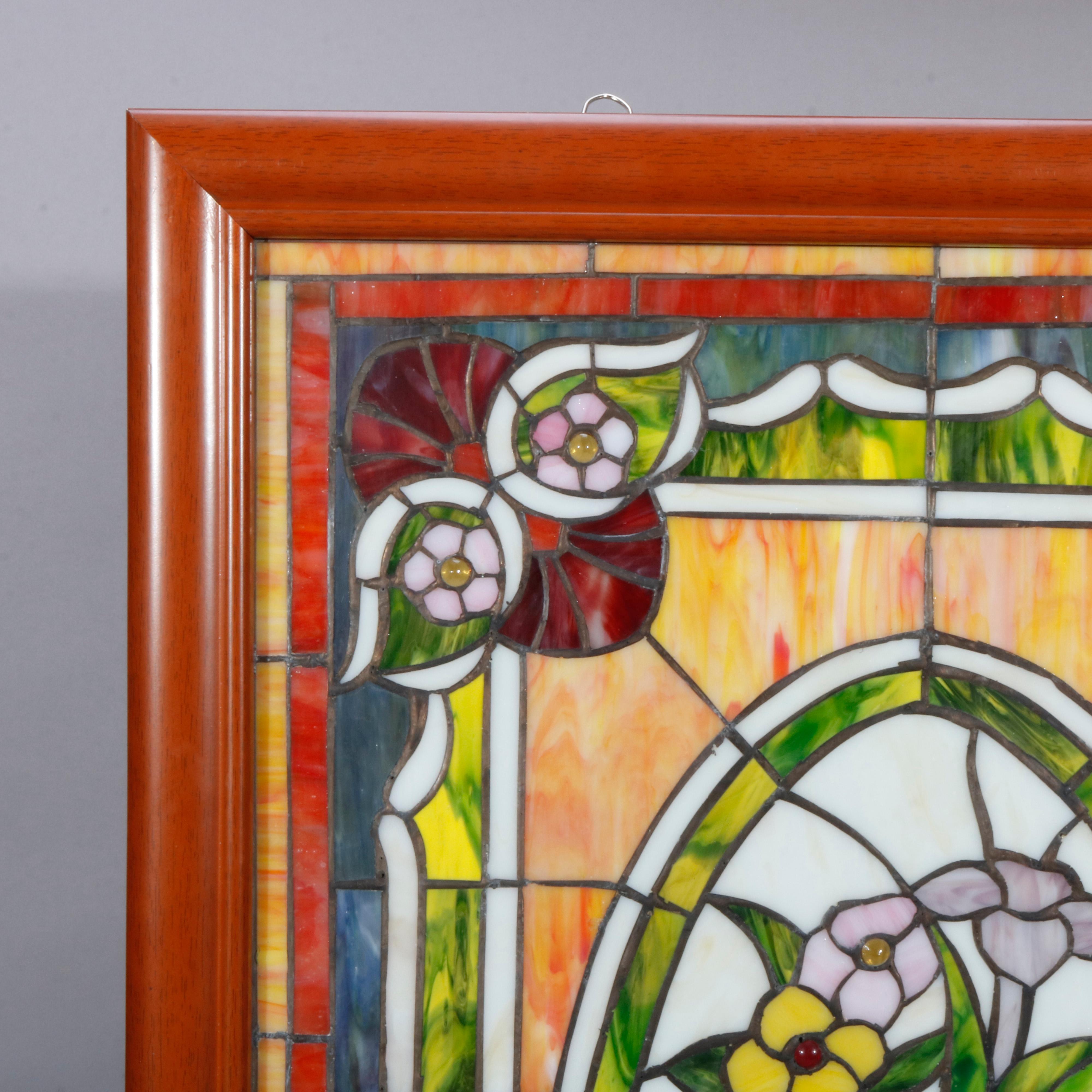 American Vintage Leaded Stained & Slag Glass Window, Floral Bouquet, 20th Century