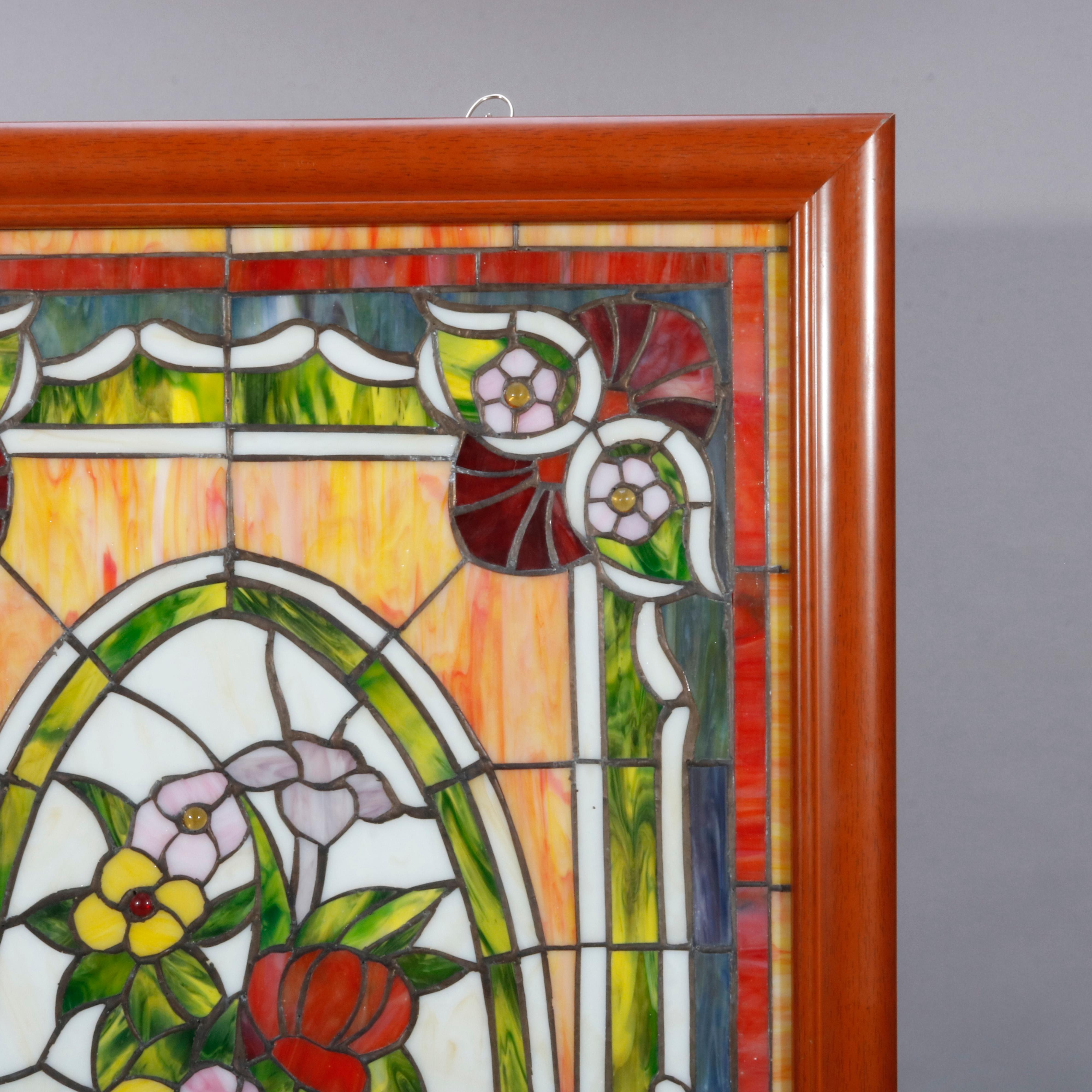 Vintage Leaded Stained & Slag Glass Window, Floral Bouquet, 20th Century In Good Condition In Big Flats, NY