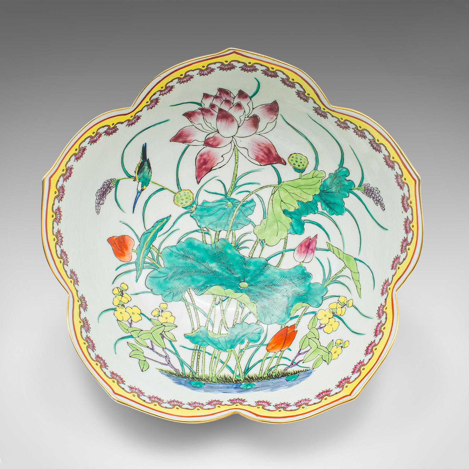 Vintage Leaf Form Fruit Bowl, Chinese, Ceramic, Dish, Lotus Flower, Art Deco For Sale 5
