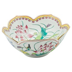 Vintage Leaf Form Fruit Bowl, Chinese, Ceramic, Dish, Lotus Flower, Art Deco