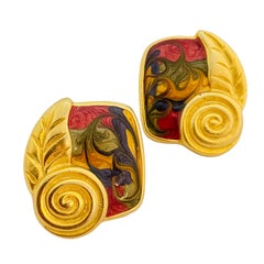 Vintage leaf matte gold enamel designer runway earrings