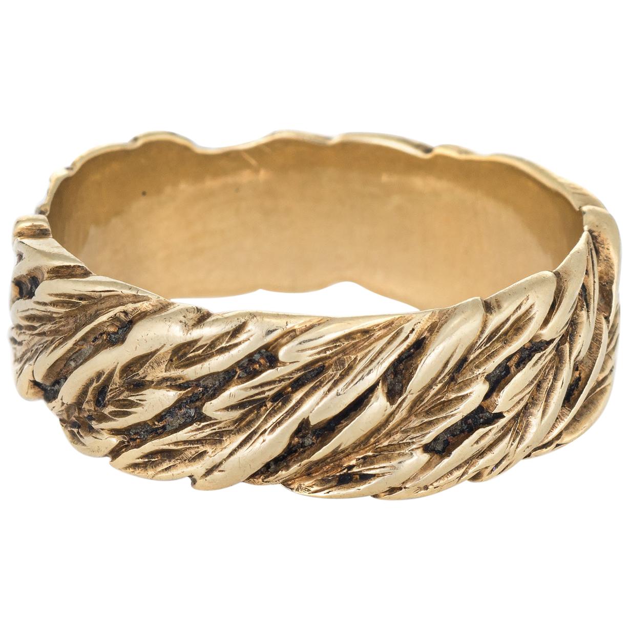 Vintage Leaf Pattern Ring 14 Karat Yellow Gold Eternity Wedding Band Jewelry