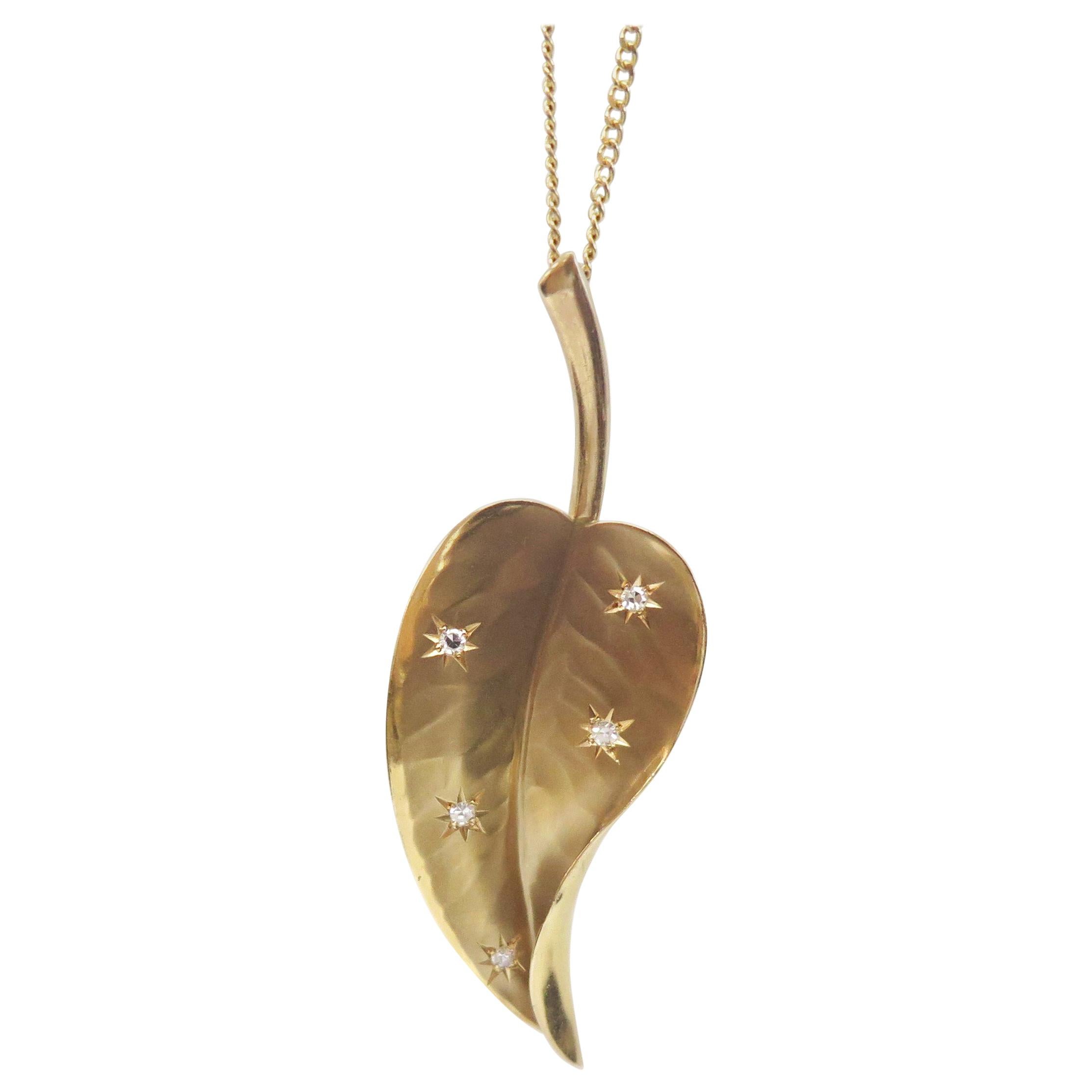 Vintage Leaf with Burnished Diamonds Pendant on Chain, 14 Karat Yellow Gold For Sale