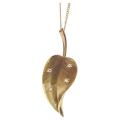 Vintage Leaf with Burnished Diamonds Pendant on Chain, 14 Karat Yellow Gold