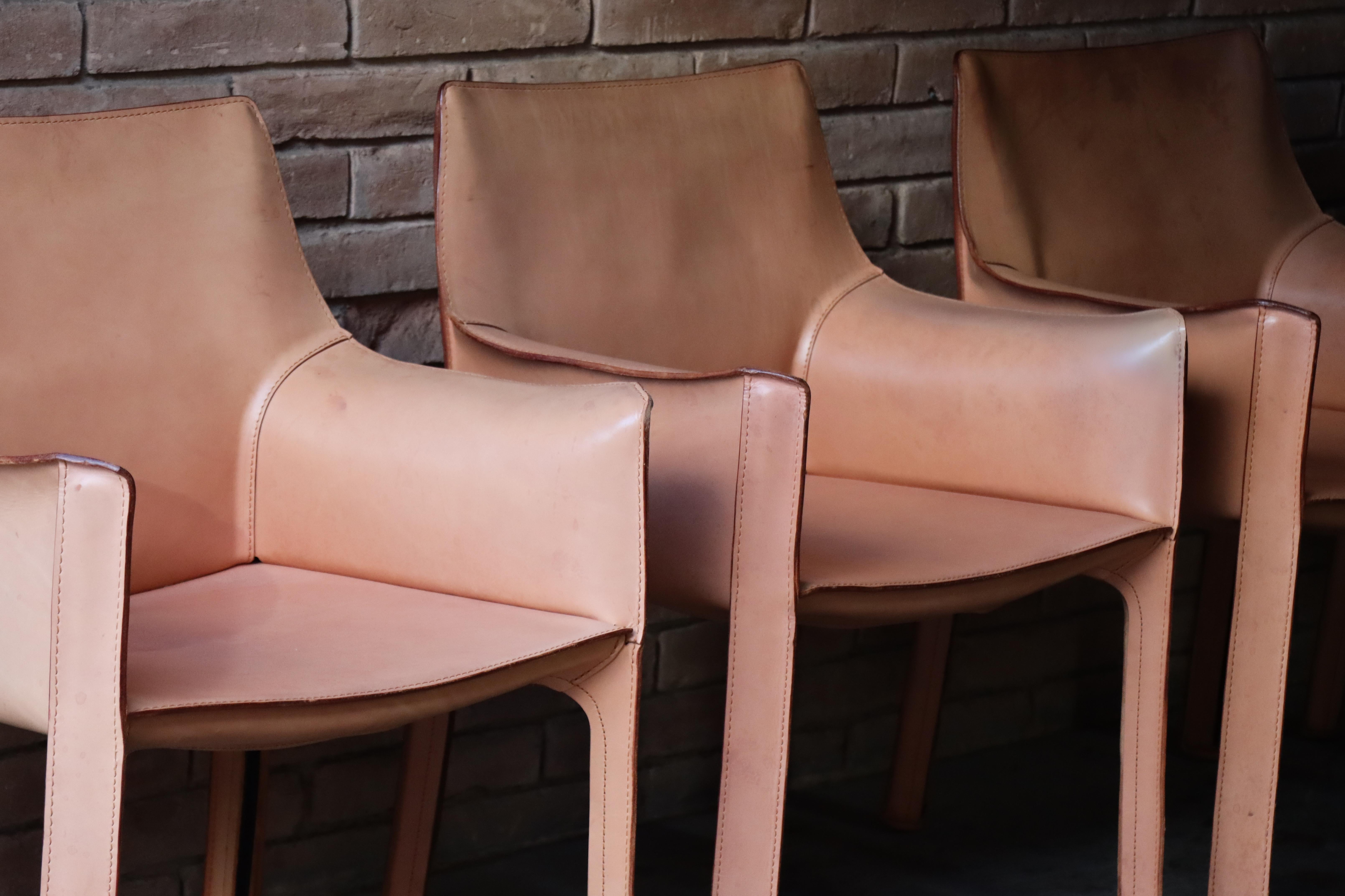 Cowhide Vintage Leather 413 ‘Cab’ Chairs by Mario Bellini, Model 413, Cassina, 1970s