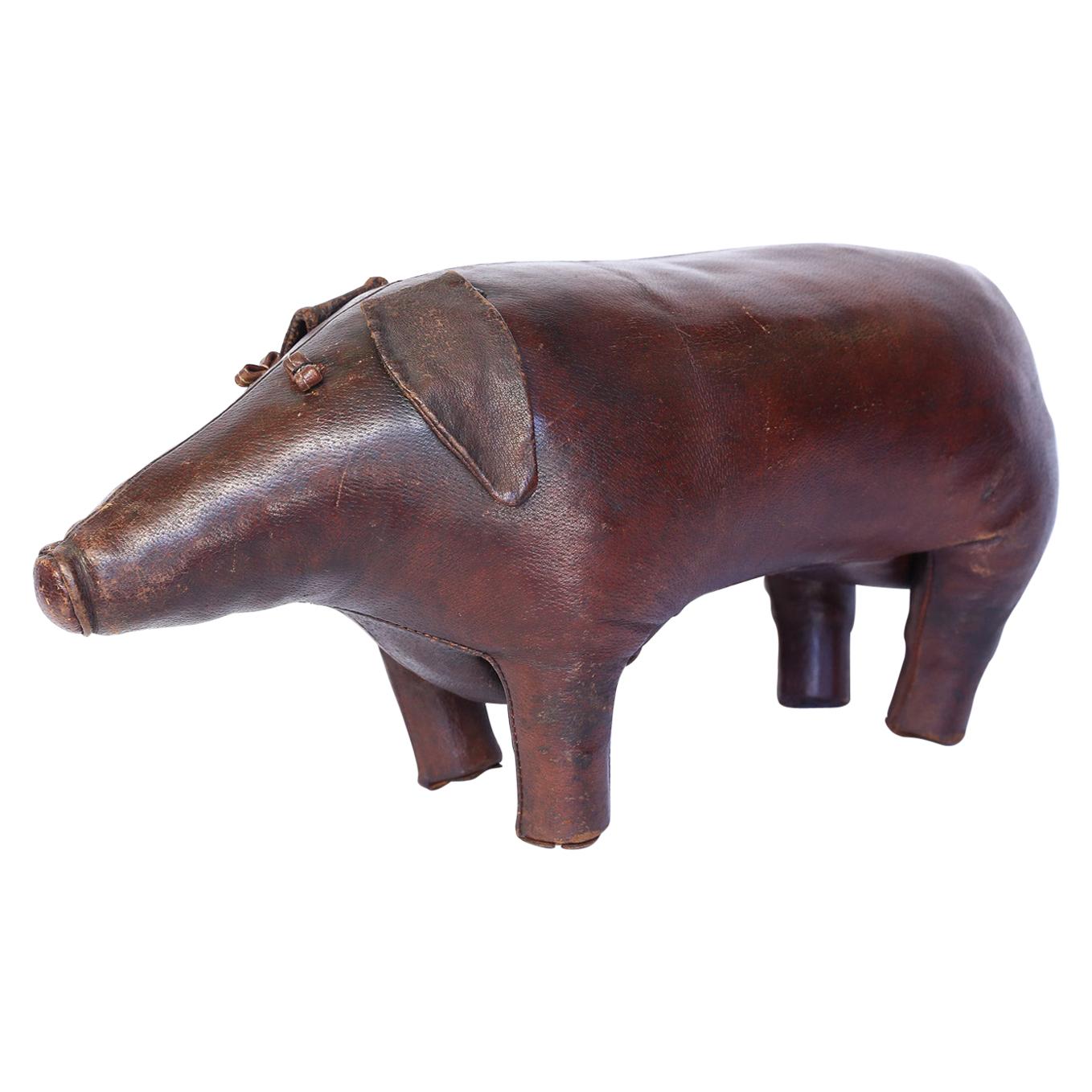 Vintage Leather Abercrombie and Fitch Pig Footstool by Dimitri Omersa