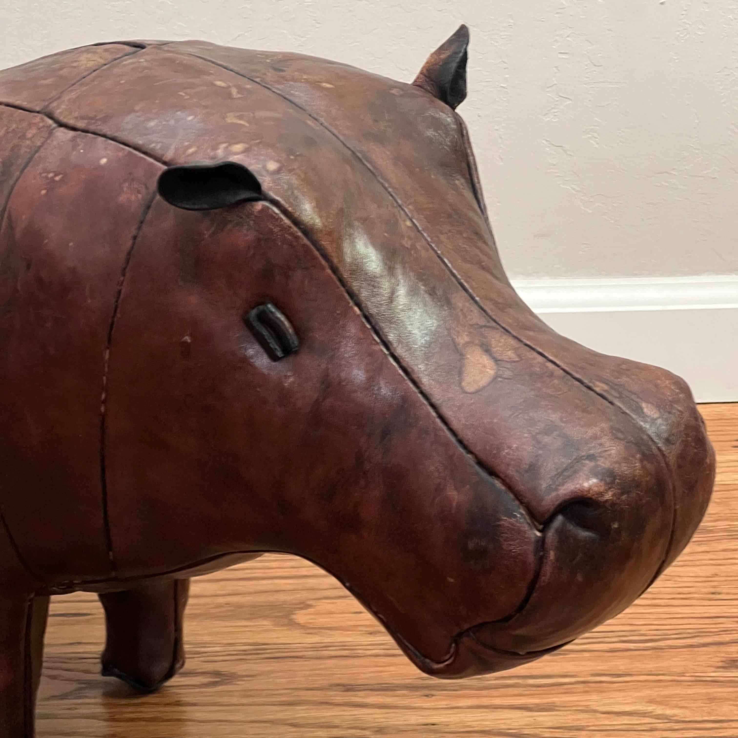Vintage Leather Abercrombie Hippo Footstool c1950s In Distressed Condition For Sale In Oakland, CA