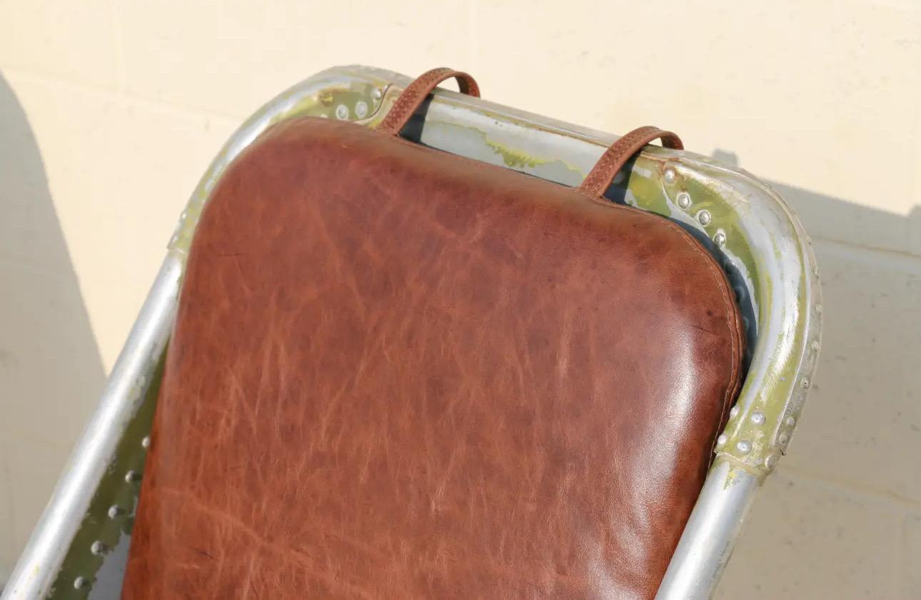 Vintage Leather Airplane Chairs With Riveted Aluminum & Leather Cushions For Sale 5