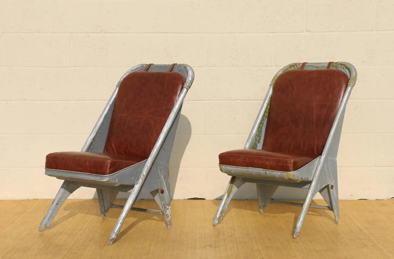 Industrial Vintage Leather Airplane Chairs With Riveted Aluminum & Leather Cushions For Sale