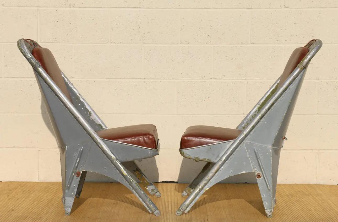 American Vintage Leather Airplane Chairs With Riveted Aluminum & Leather Cushions For Sale