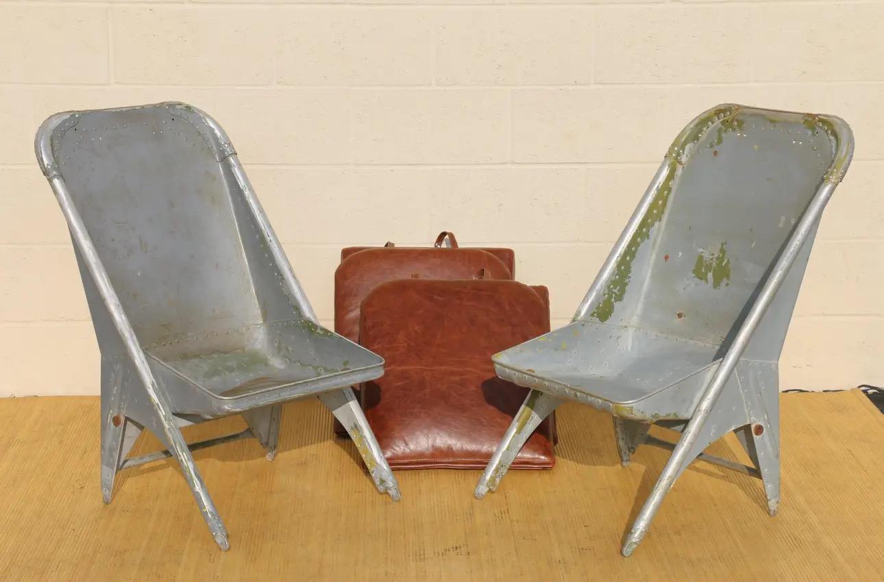 Vintage Leather Airplane Chairs With Riveted Aluminum & Leather Cushions In Good Condition For Sale In North Hollywood, CA