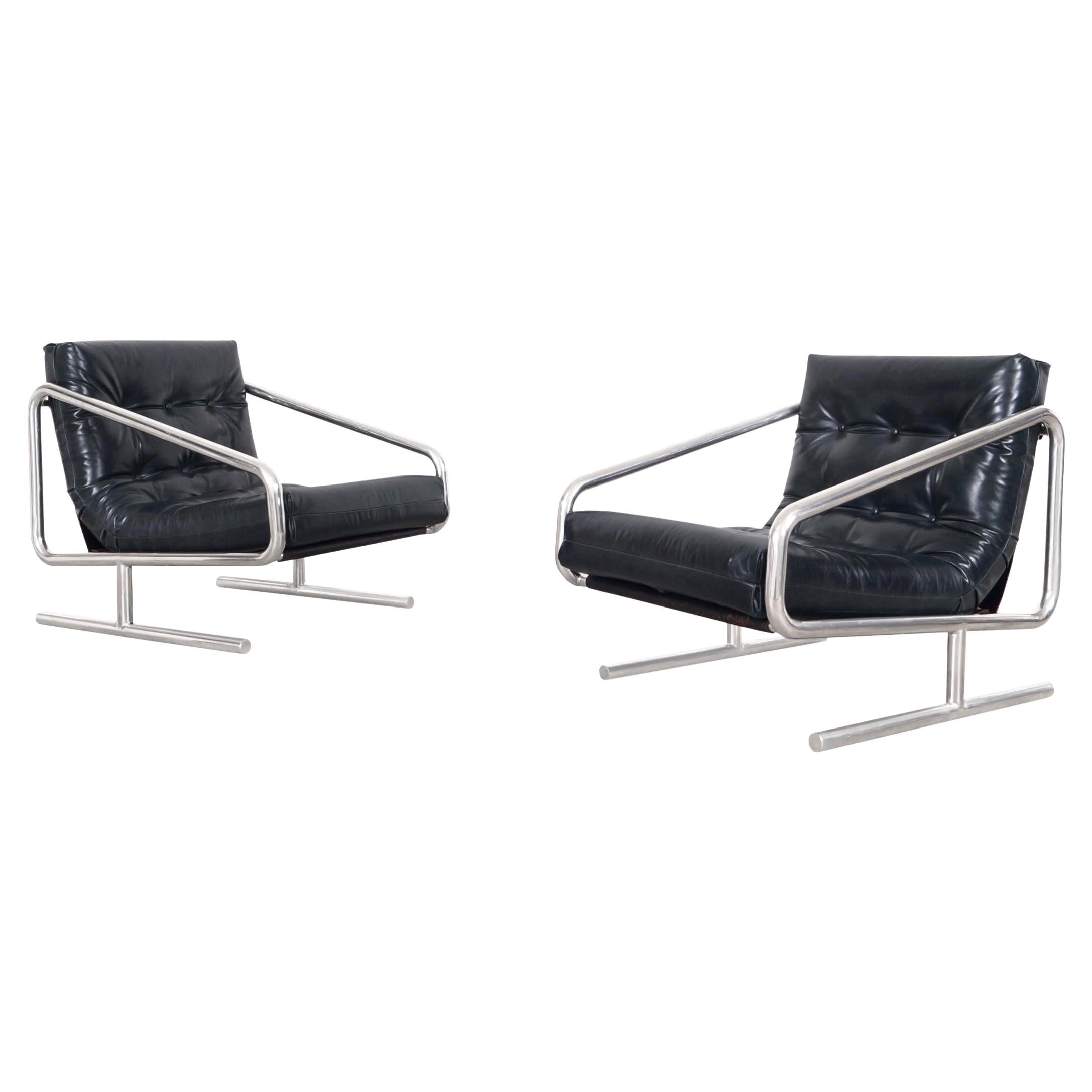 Fauteuils de salon vintage en cuir et aluminium