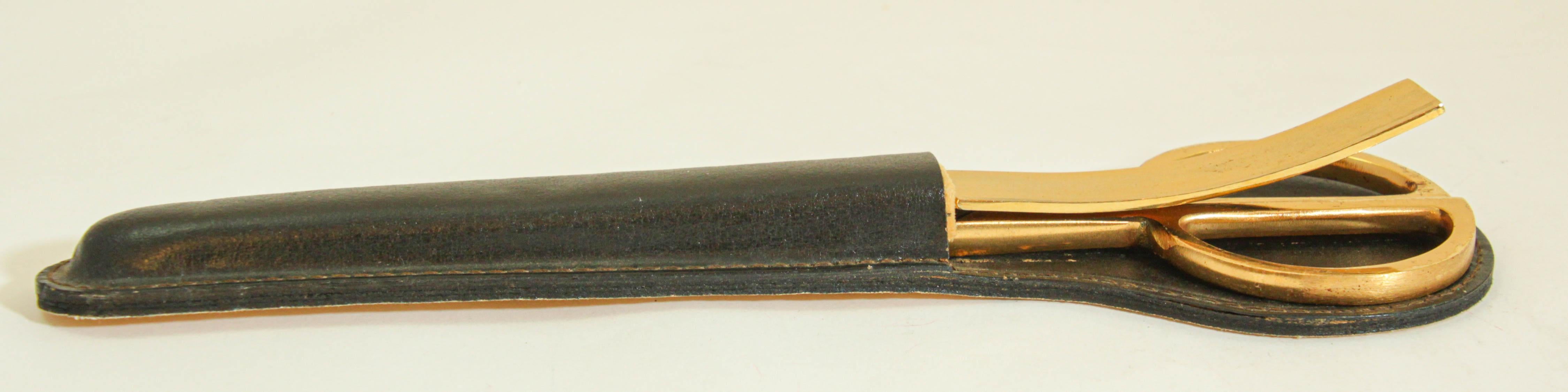 Vintage Leather and Brass Desk Set Brass Letter Opener and Scissors 1950s For Sale 2