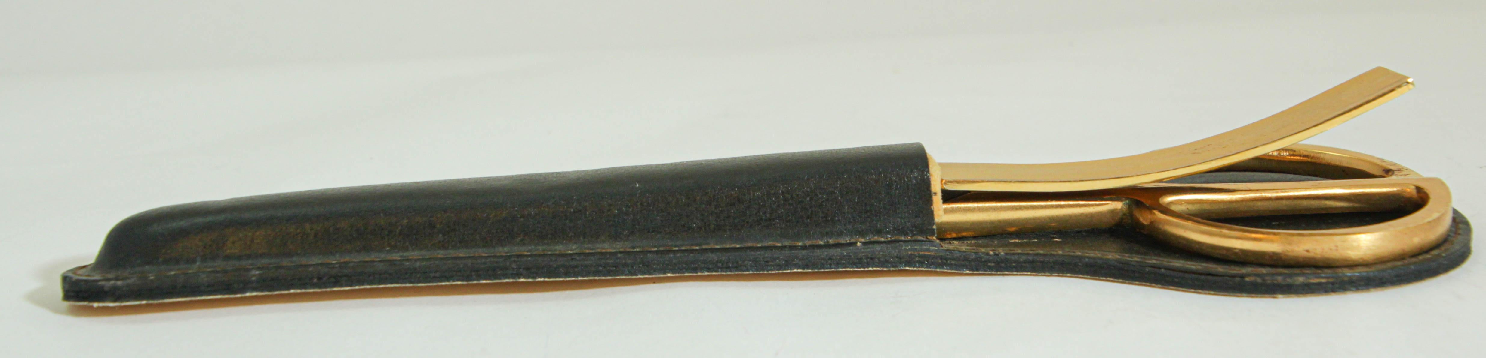 Vintage Leather and Brass Desk Set Brass Letter Opener and Scissors 1950s For Sale 3