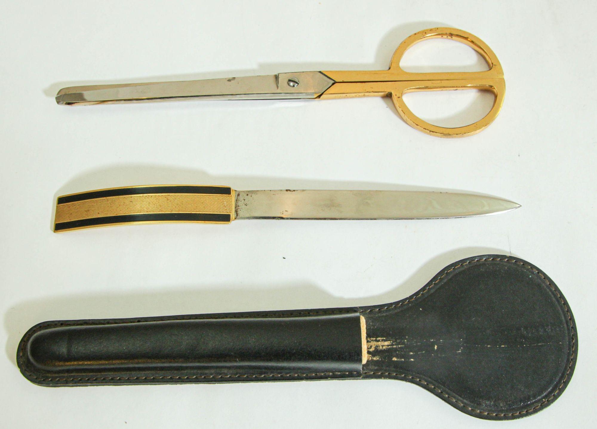 Vintage Leather and Brass Desk Set Brass Letter Opener and Scissors 1950s For Sale 4