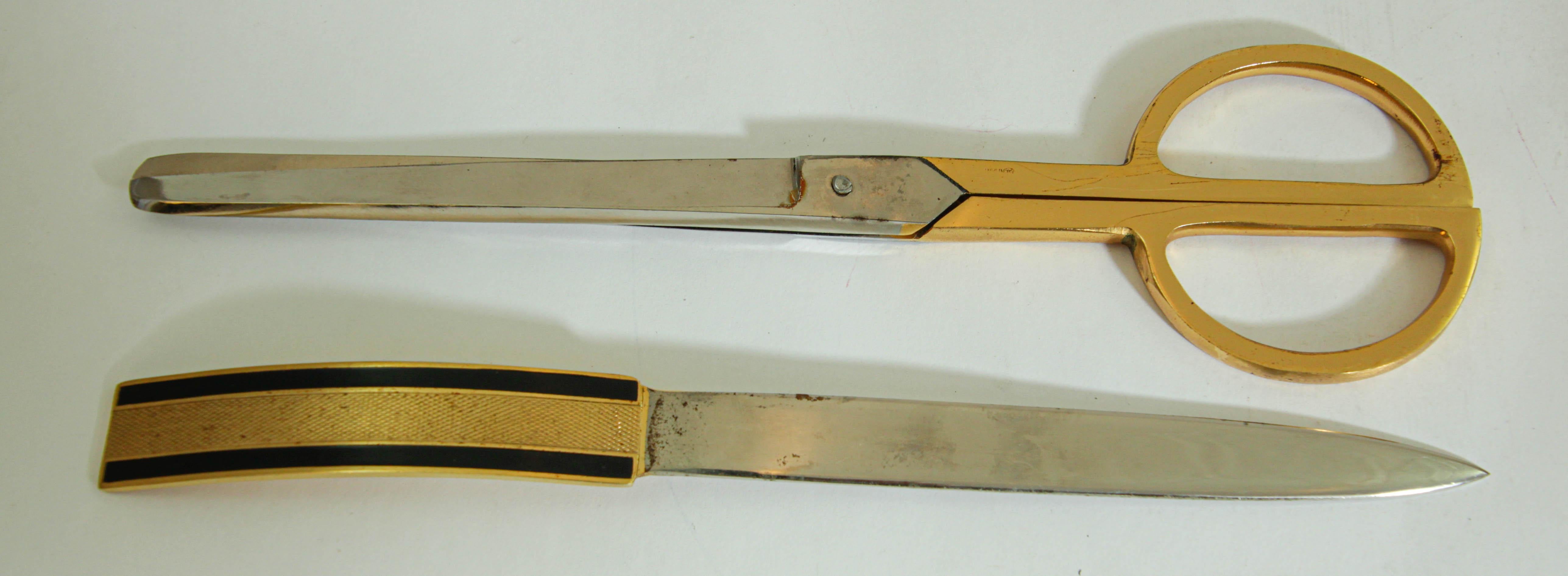Vintage Leather and Brass Desk Set Brass Letter Opener and Scissors 1950s In Good Condition For Sale In North Hollywood, CA