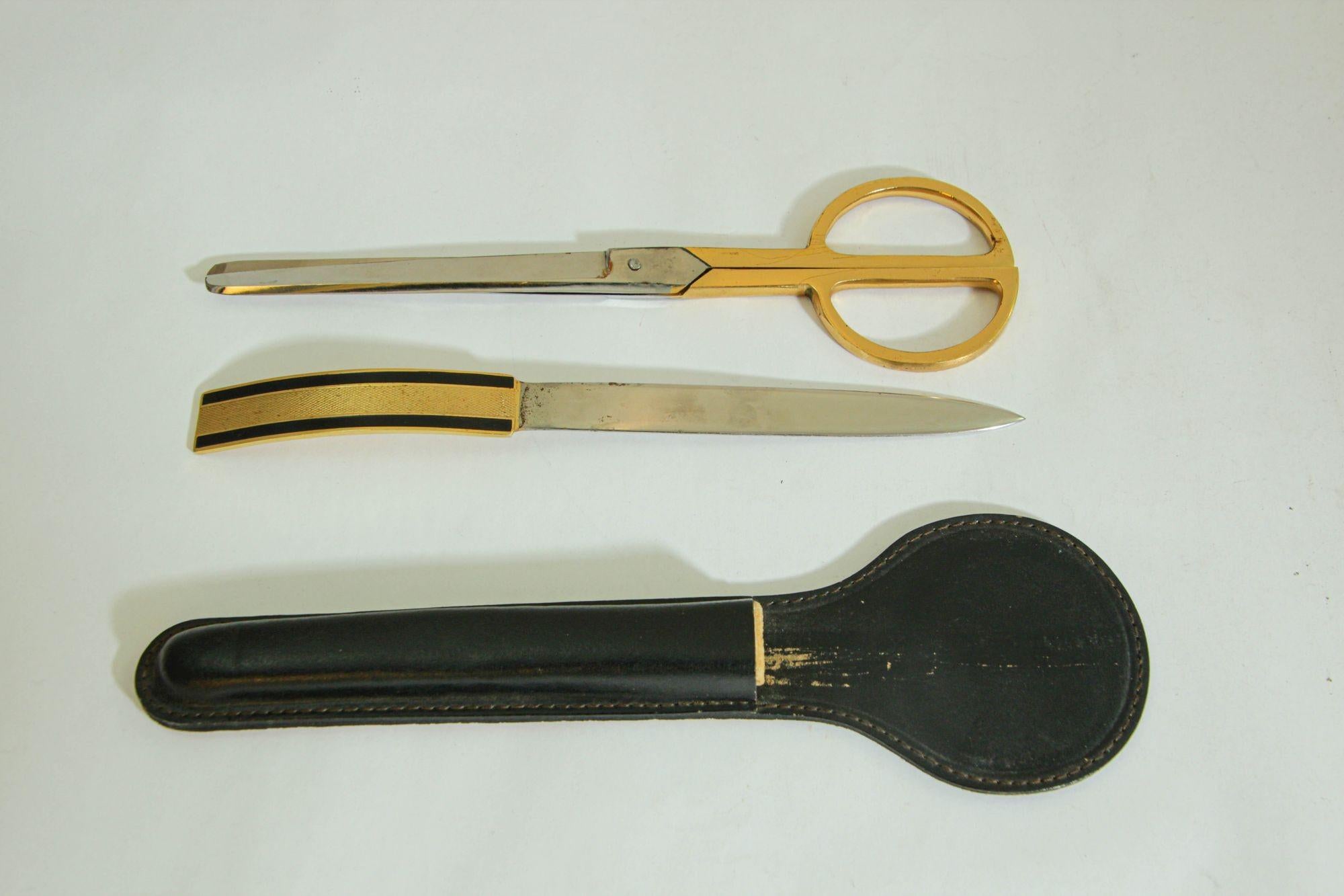 20th Century Vintage Leather and Brass Desk Set Brass Letter Opener and Scissors 1950s For Sale