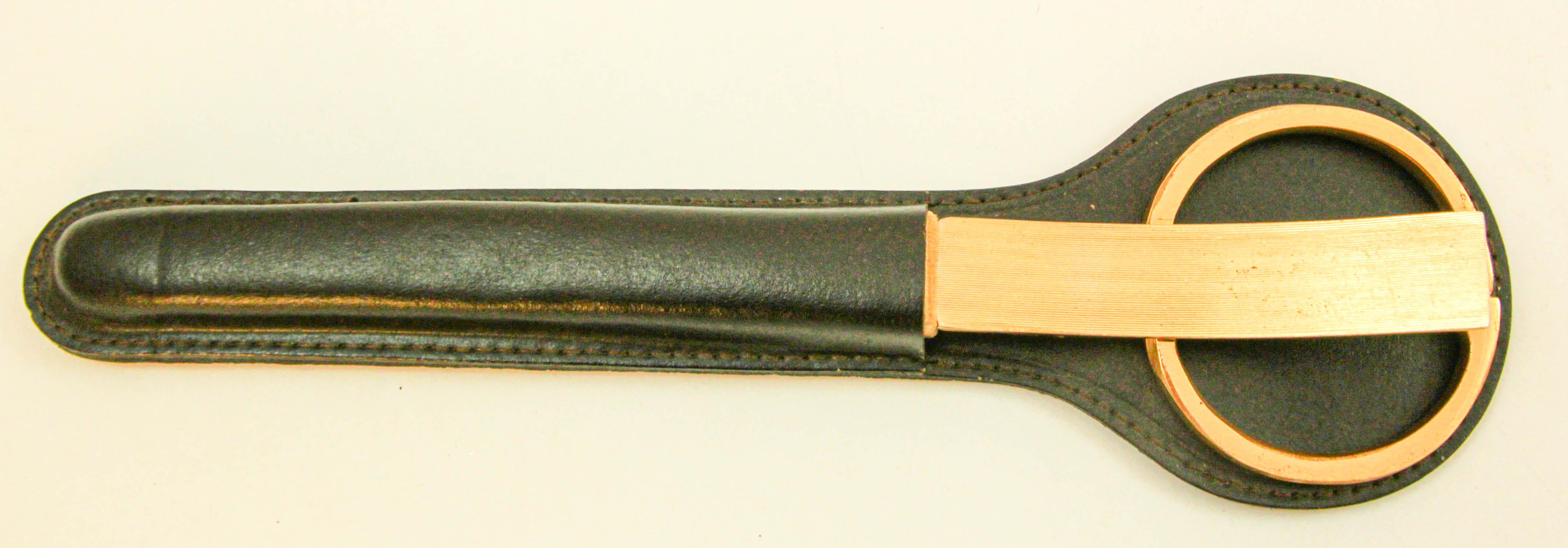 Vintage Leather and Brass Desk Set Brass Letter Opener and Scissors 1950s For Sale 1