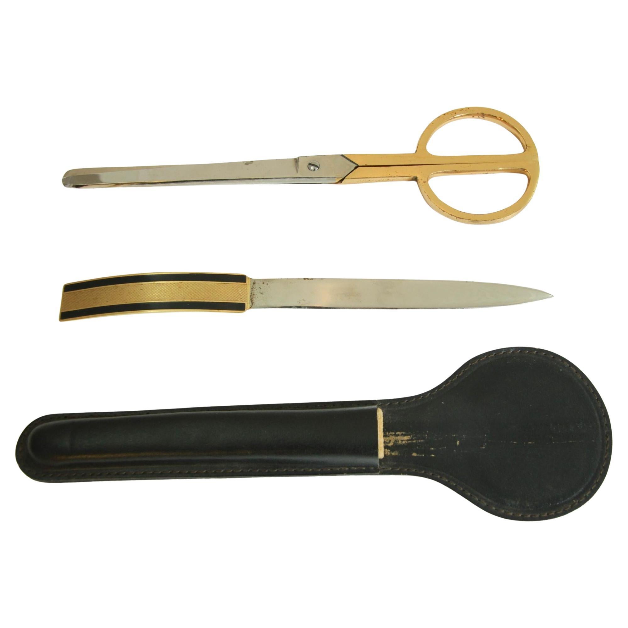 Vintage Leather and Brass Desk Set Brass Letter Opener and Scissors 1950s