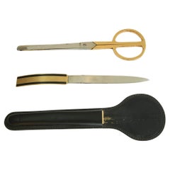 Vintage Leather and Brass Desk Set Brass Letter Opener and Scissors 1950s