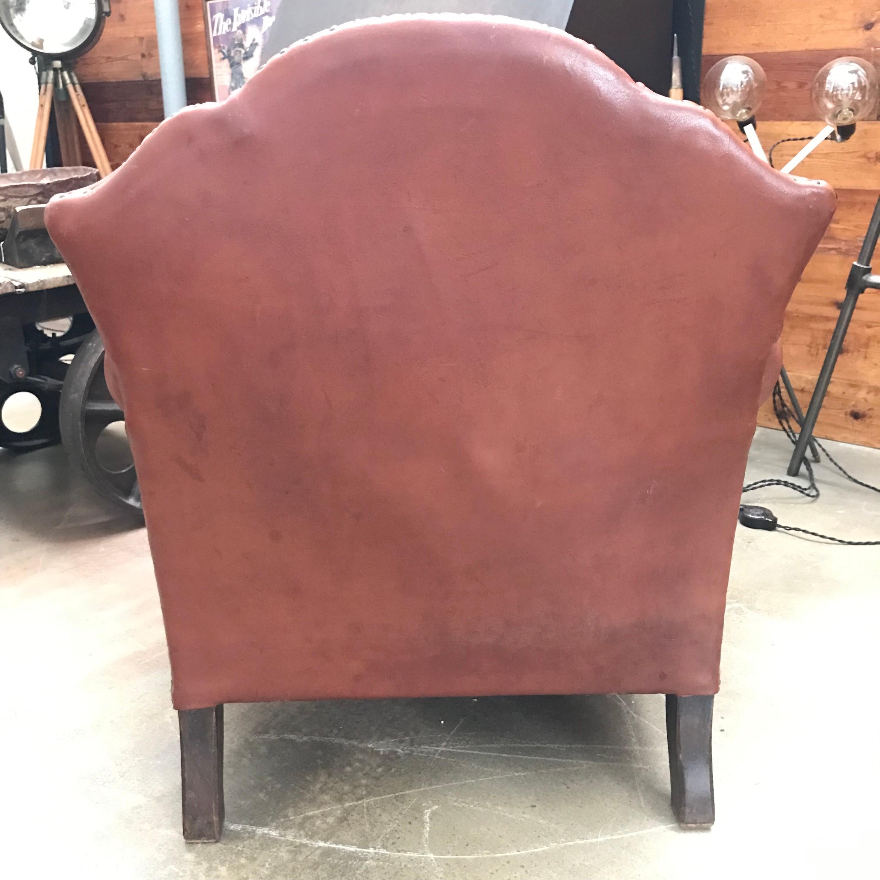 Vintage Leather and Brass Studded Club Lounge Chair from the 1950s For Sale 1