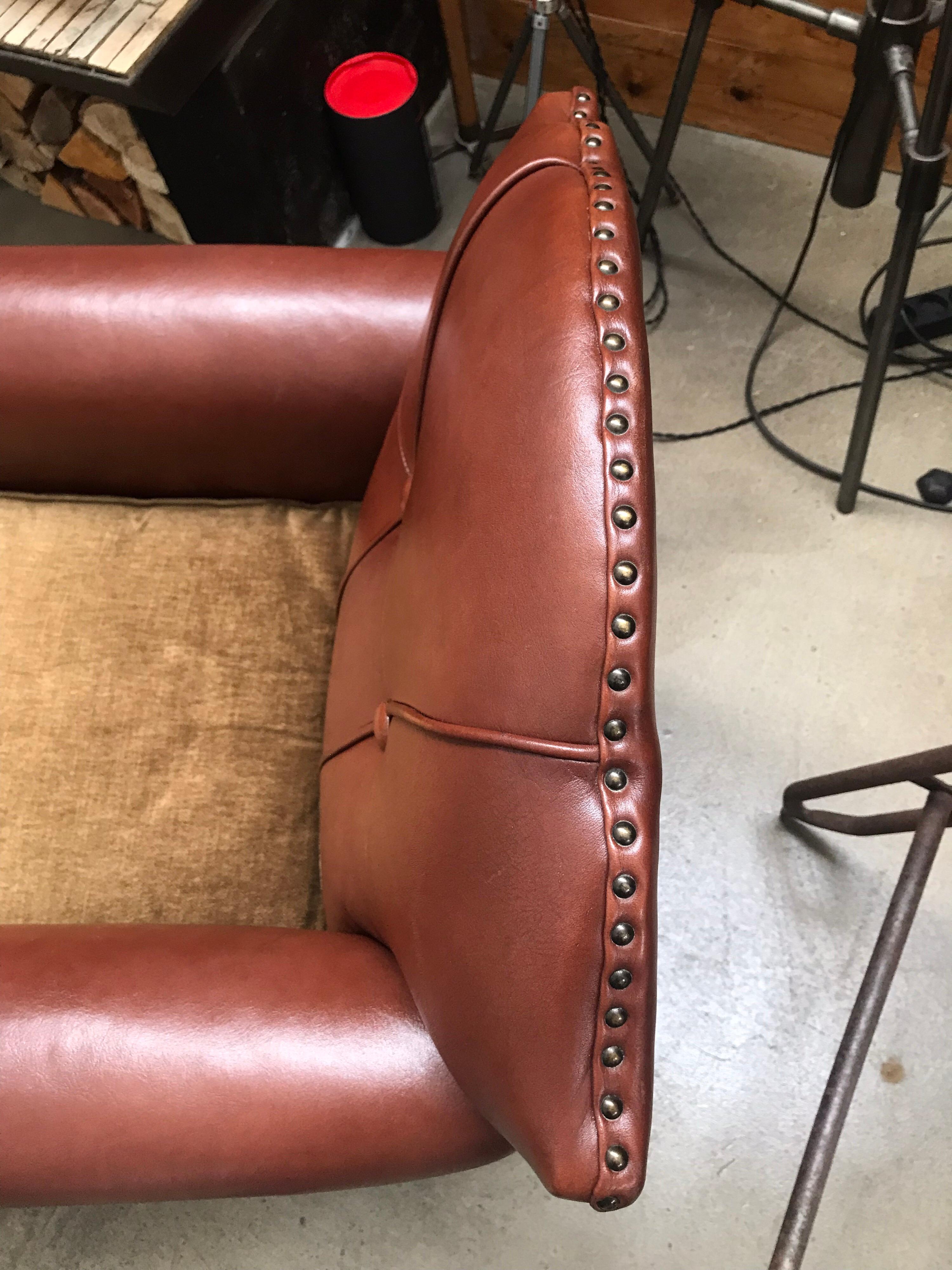 Danish Vintage Leather and Brass Studded Club Lounge Chair from the 1950s