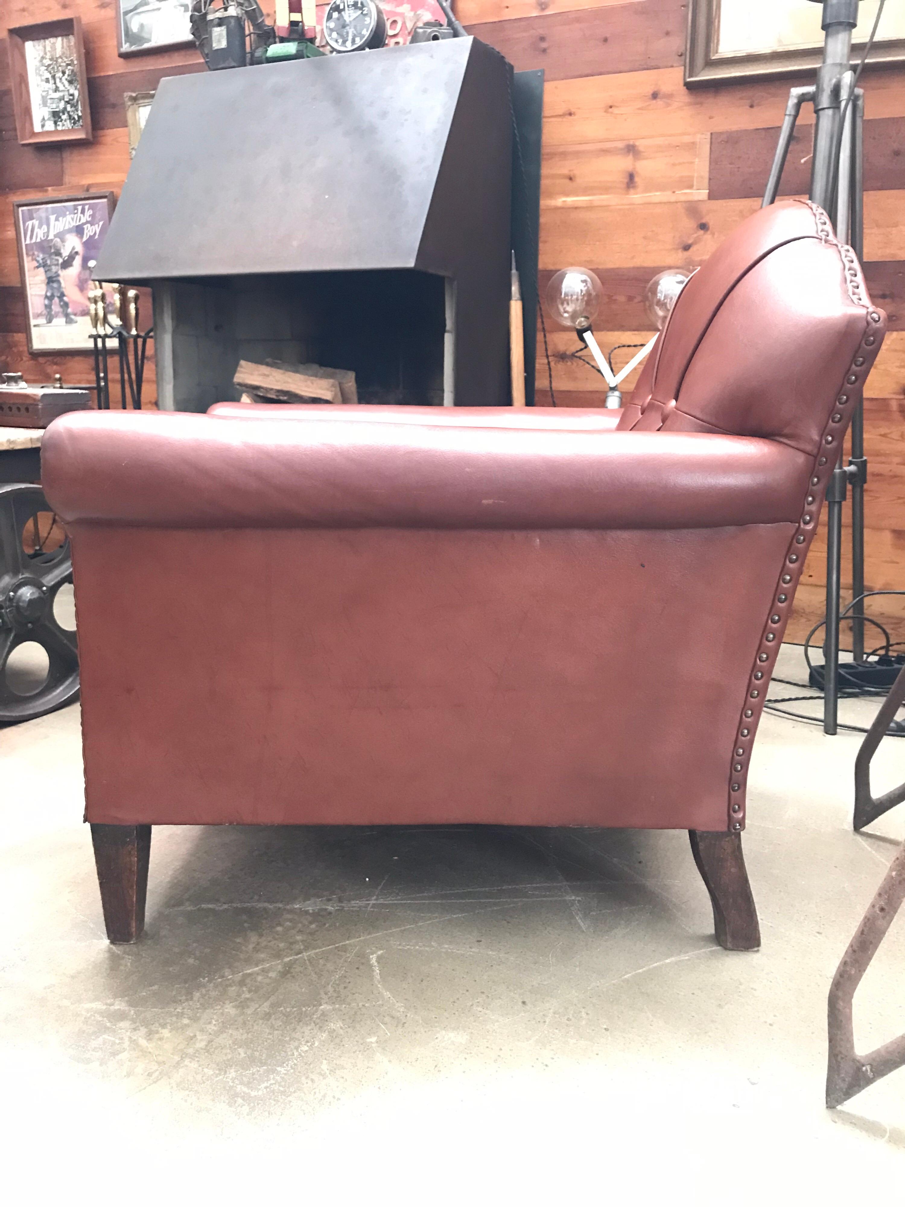 Hand-Crafted Vintage Leather and Brass Studded Club Lounge Chair from the 1950s For Sale