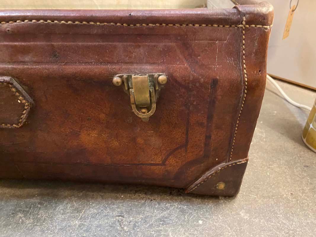 Art Nouveau Vintage Leather and Brass Travel Suitcase
