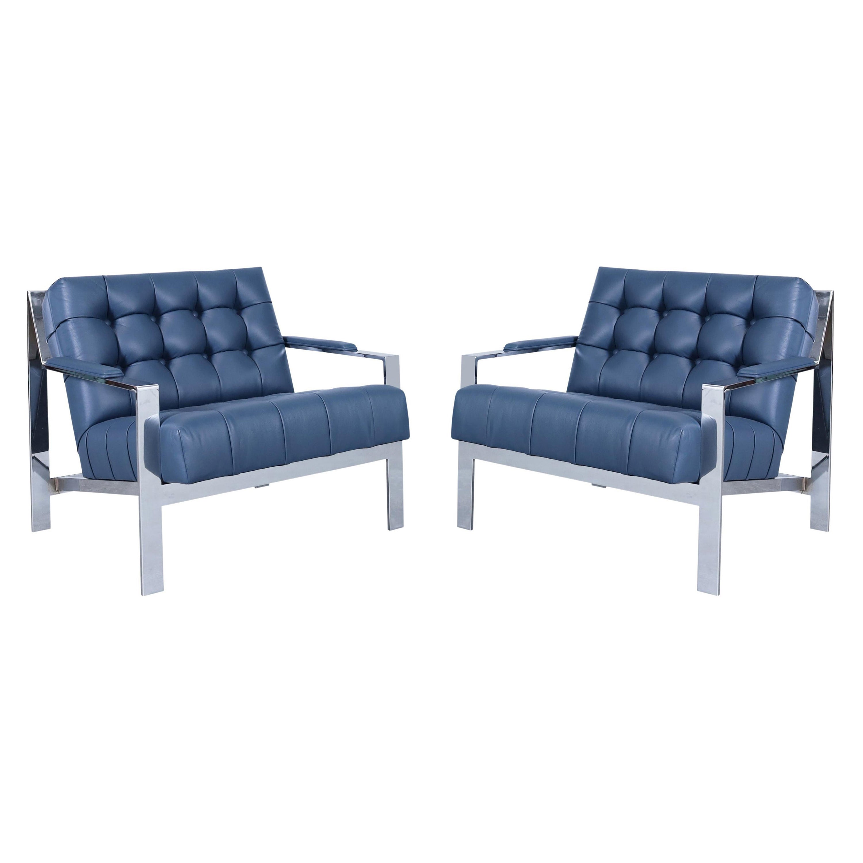 Vintage Leather and Chrome Biscuit Tufted Lounge Chairs by Cy Mann