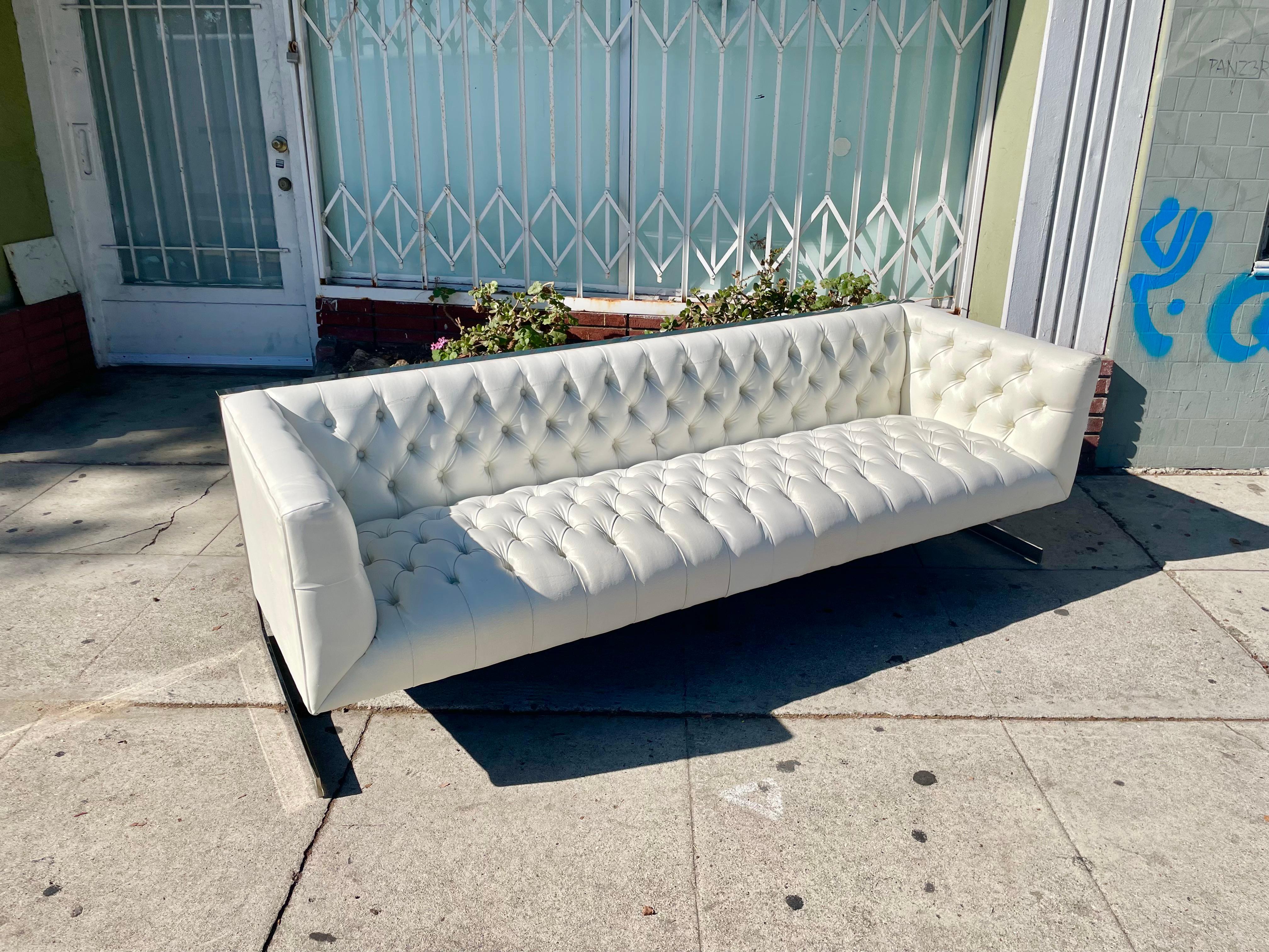 Vintage Leather and Chrome Chesterfield Sofa Styled After Milo Baughman For Sale 5