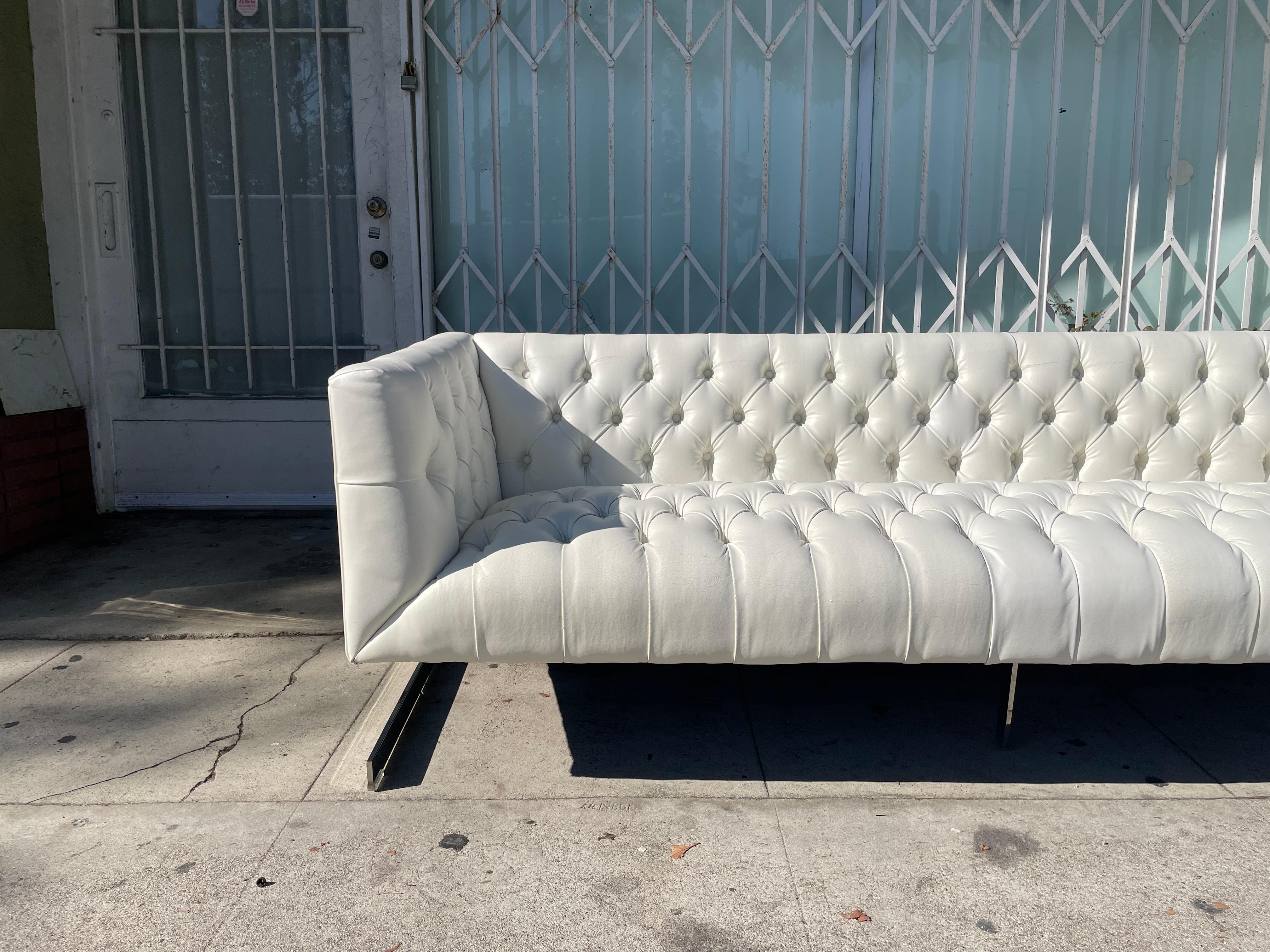 Mid-Century Modern Vintage Leather and Chrome Chesterfield Sofa Styled After Milo Baughman For Sale